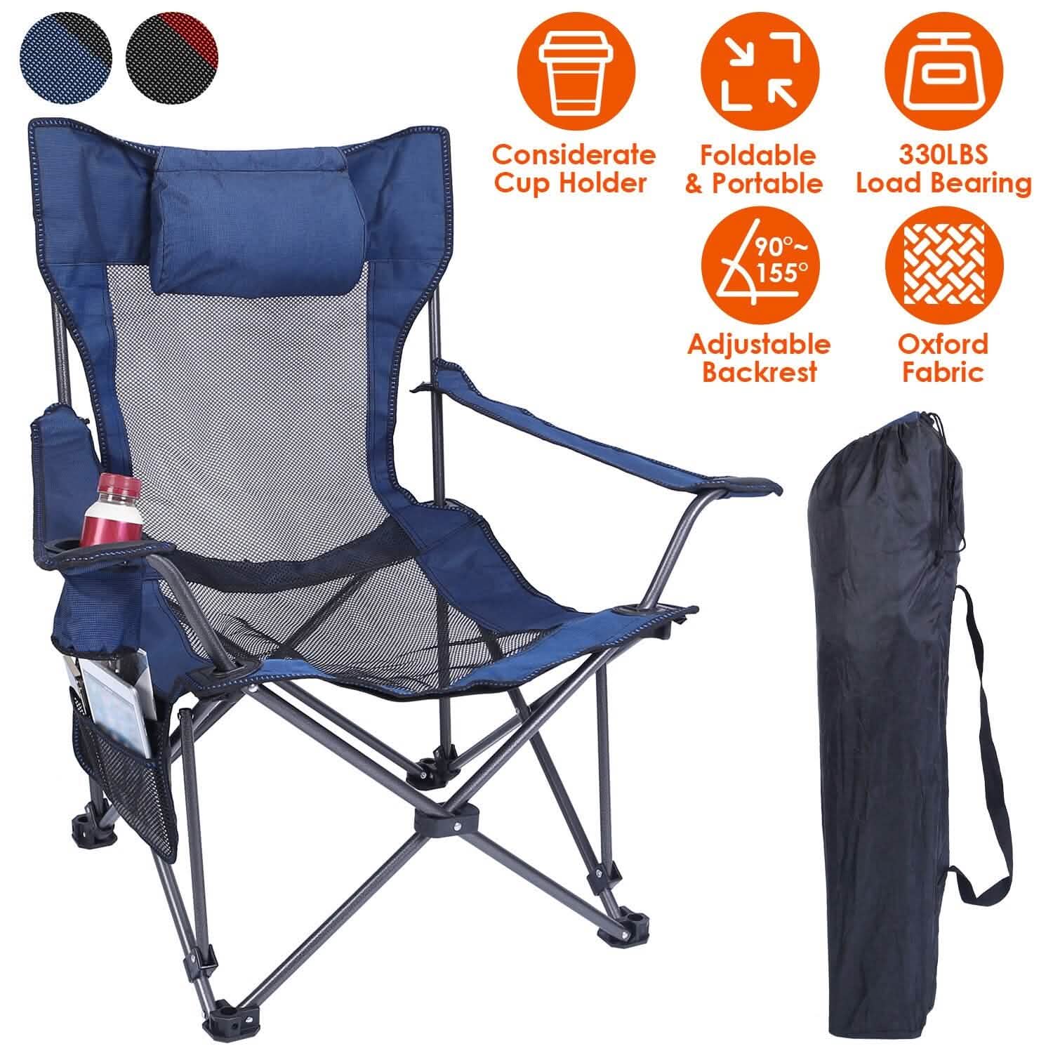 Foldable Camping Chair — Heavy Duty 330 lb Capacity, Reclining Backrest, 600D Oxford | Carry Bag Included