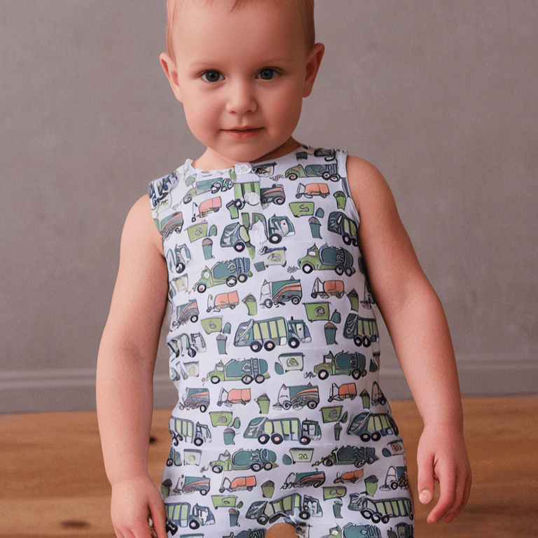 Baby wearing a sleeveless dress with truck pattern against a neutral background