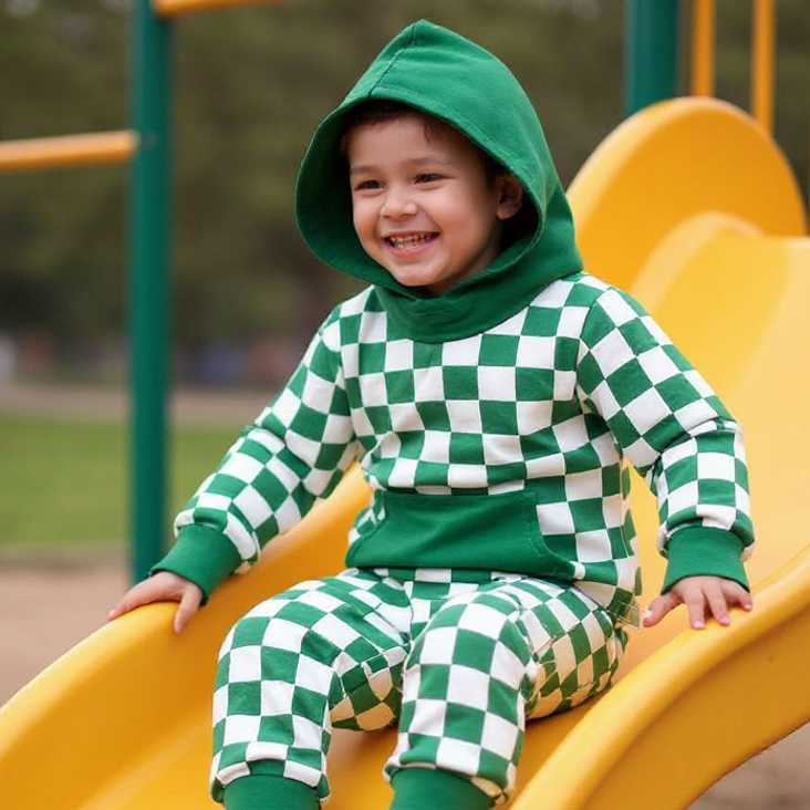 Child sliding down a yellow slide wearing a green and white checkered outfit