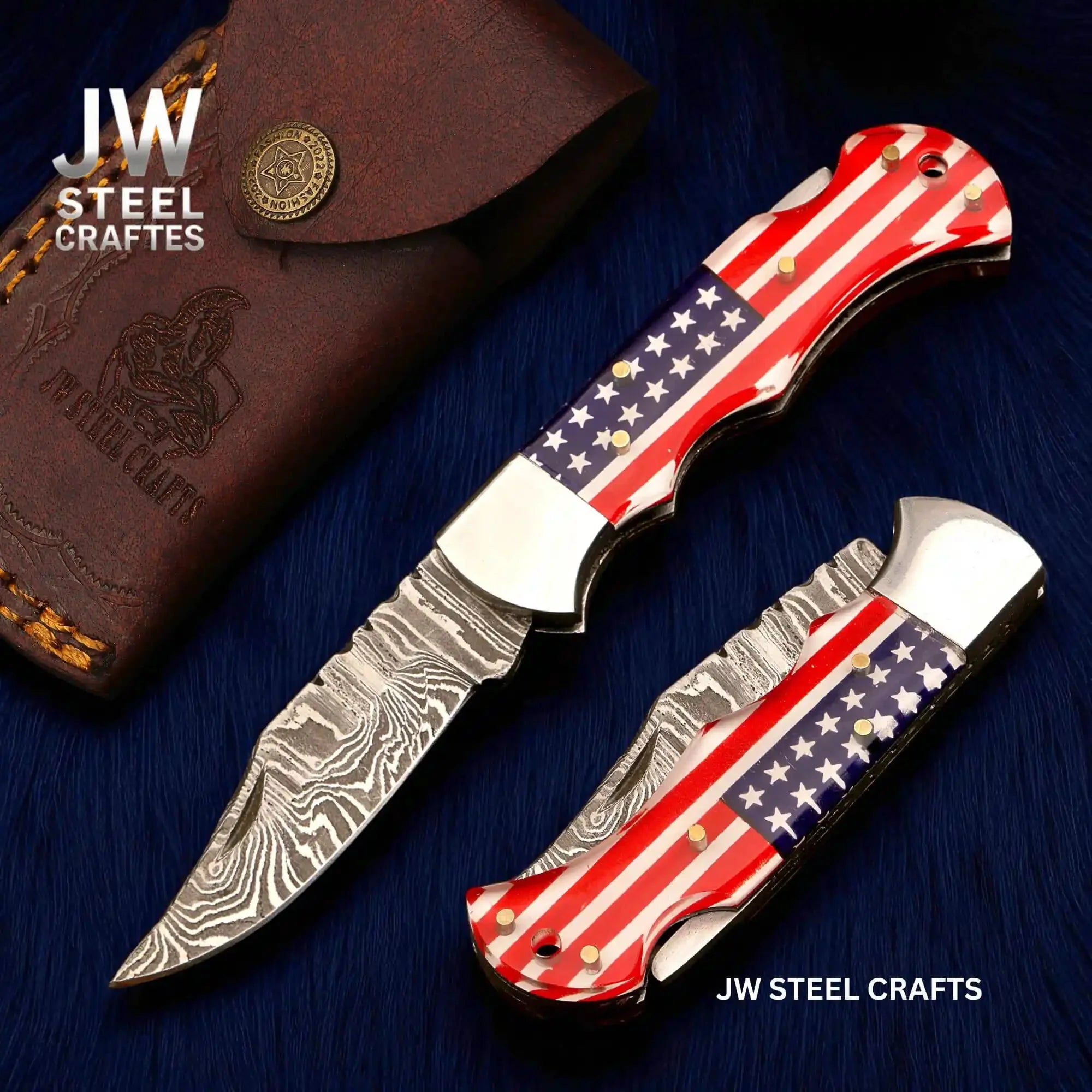 Handmade Damascus Folding Knife | Ram Horn or USA Flag Handle & Leather Sheath