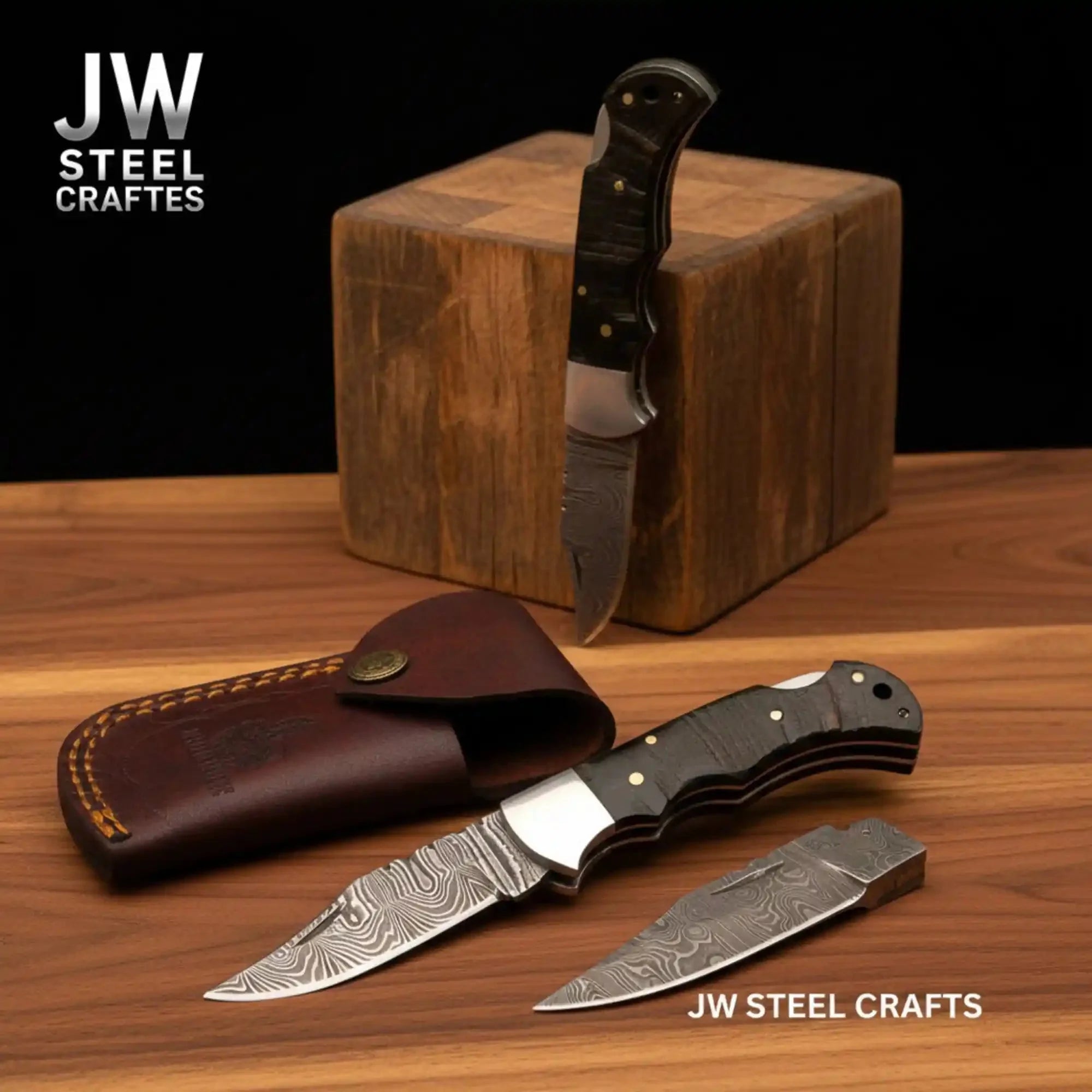 Handmade Damascus Folding Knife | Ram Horn or USA Flag Handle & Leather Sheath