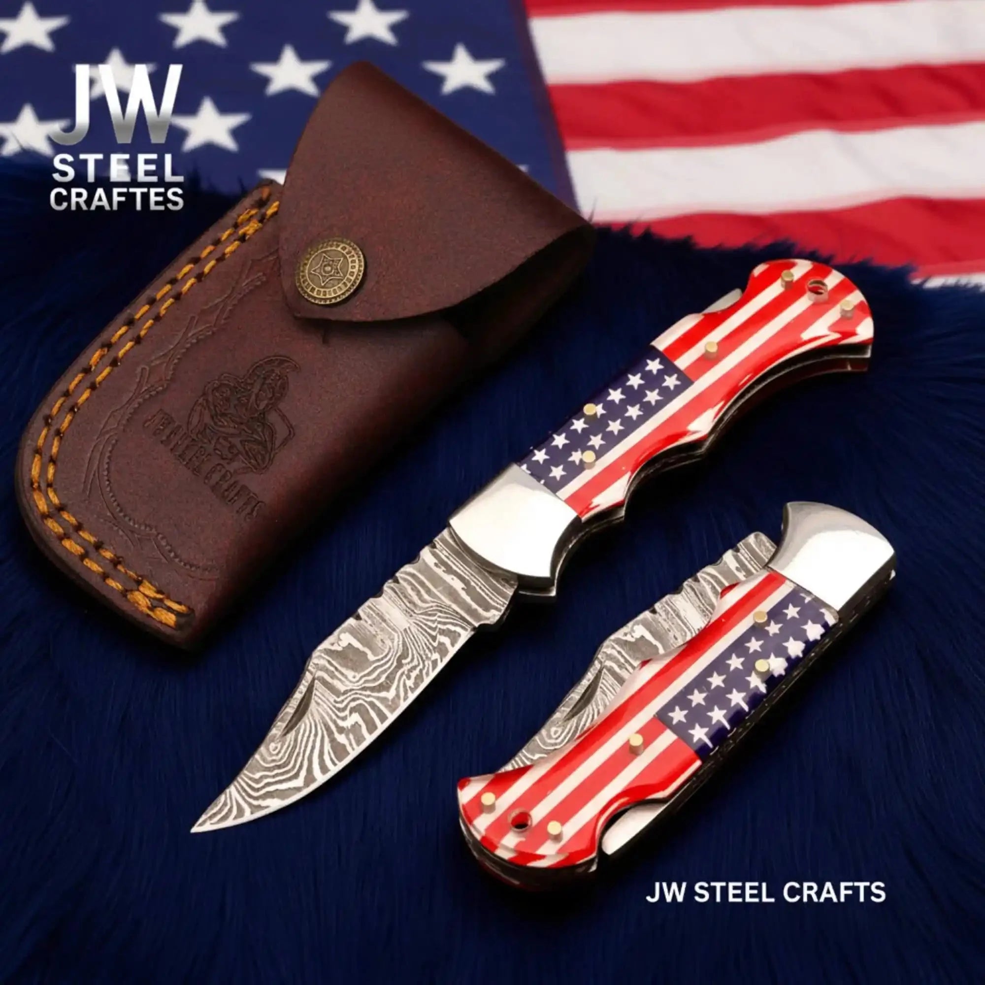 Handmade Damascus Folding Knife | Ram Horn or USA Flag Handle & Leather Sheath