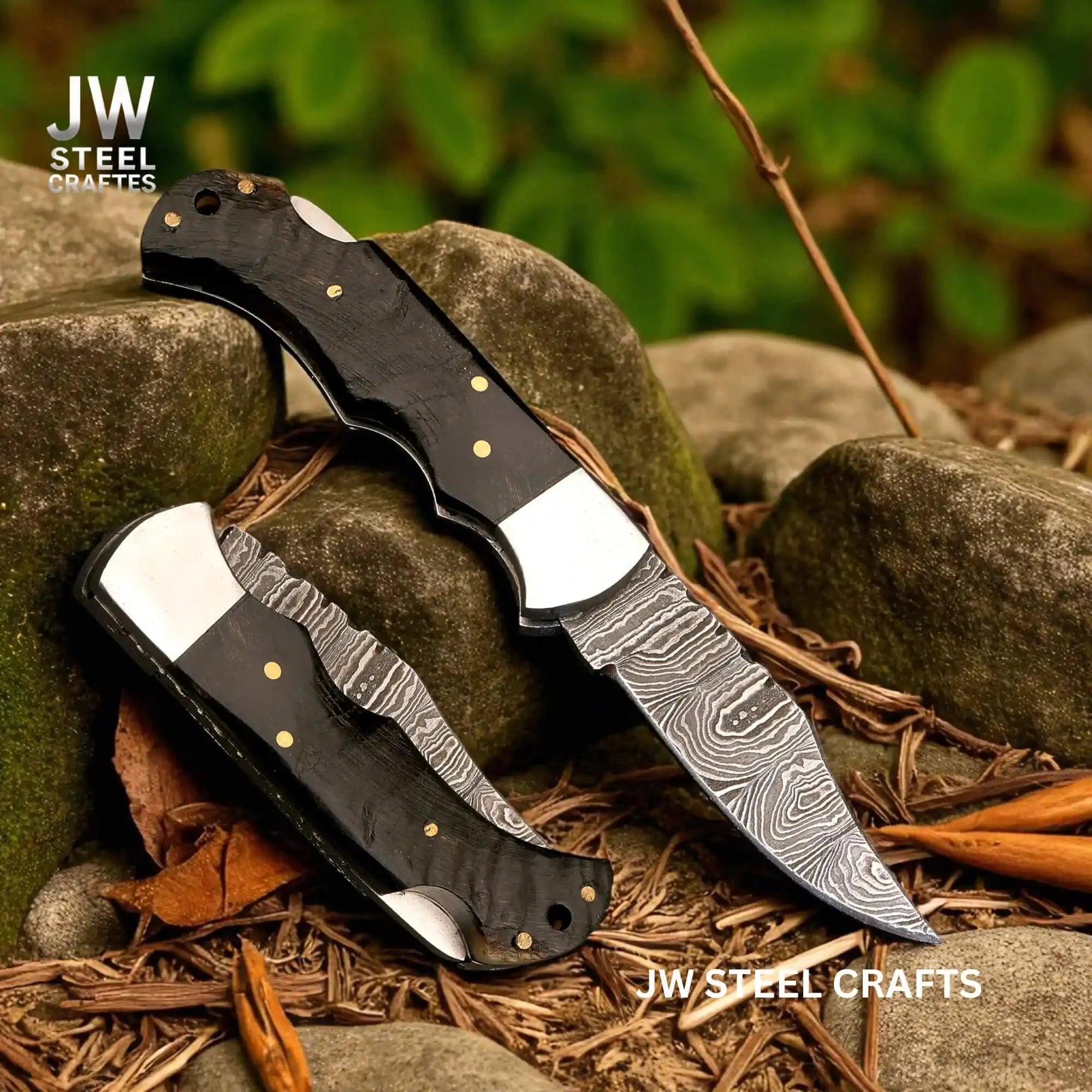 Handmade Damascus Folding Knife | Ram Horn or USA Flag Handle & Leather Sheath