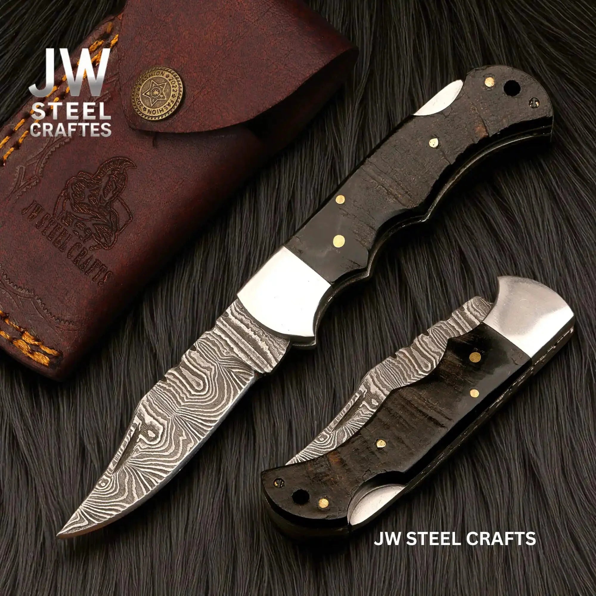 Handmade Damascus Folding Knife | Ram Horn or USA Flag Handle & Leather Sheath