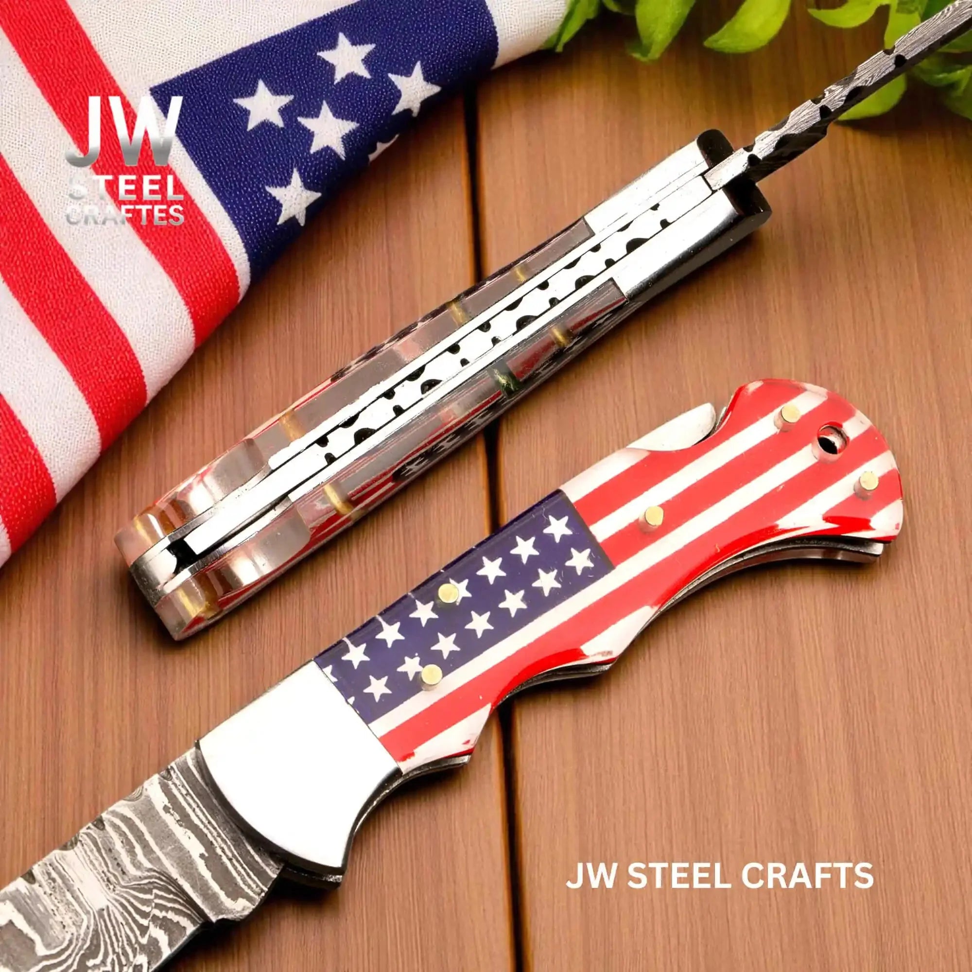 Handmade Damascus Folding Knife | Ram Horn or USA Flag Handle & Leather Sheath