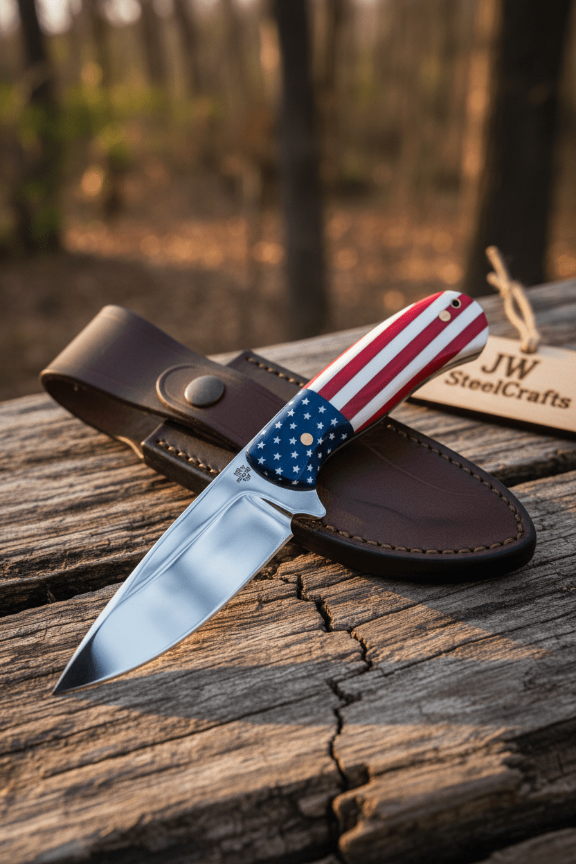 Handmade Drop Point Hunting Knife | Bearing Steel Blade, USA Flag Handle & Leather Sheath
