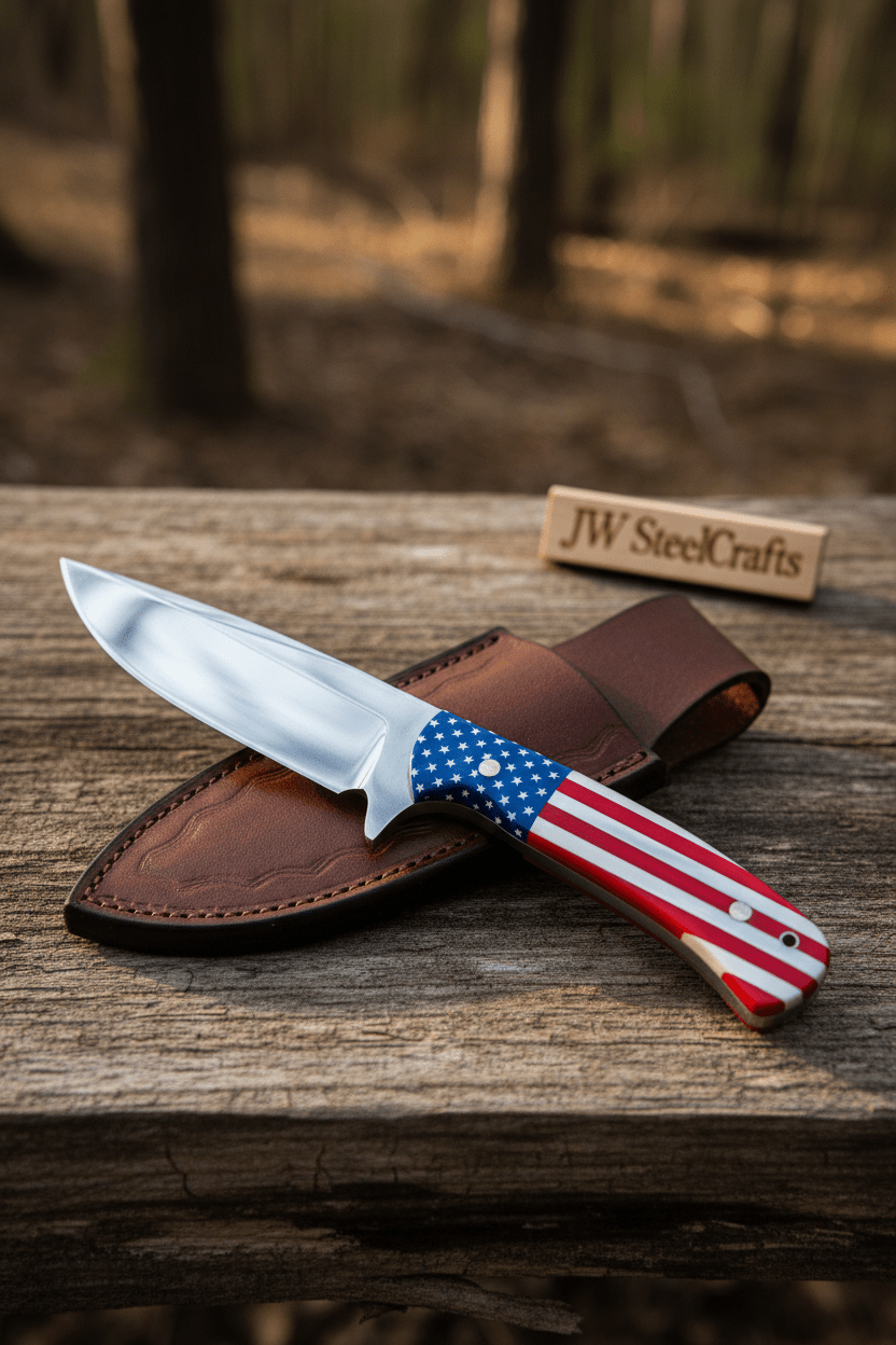 Handmade Drop Point Hunting Knife | Bearing Steel Blade, USA Flag Handle & Leather Sheath