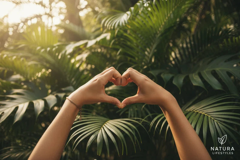 Two hands forming a heart shape in front of lush green tropical palm leaves, with warm sunlight filtering through the background. The Natura Lifestyles logo is visible in the bottom right corner.