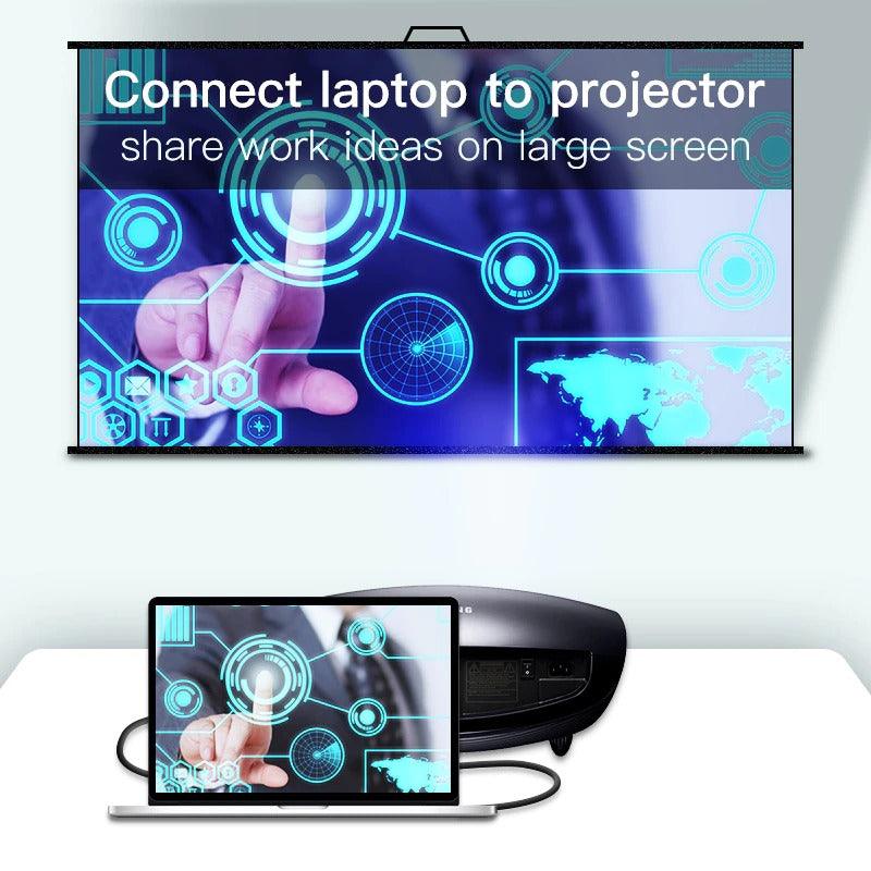 Laptop connected to a projector displaying a large screen with digital interface graphics.