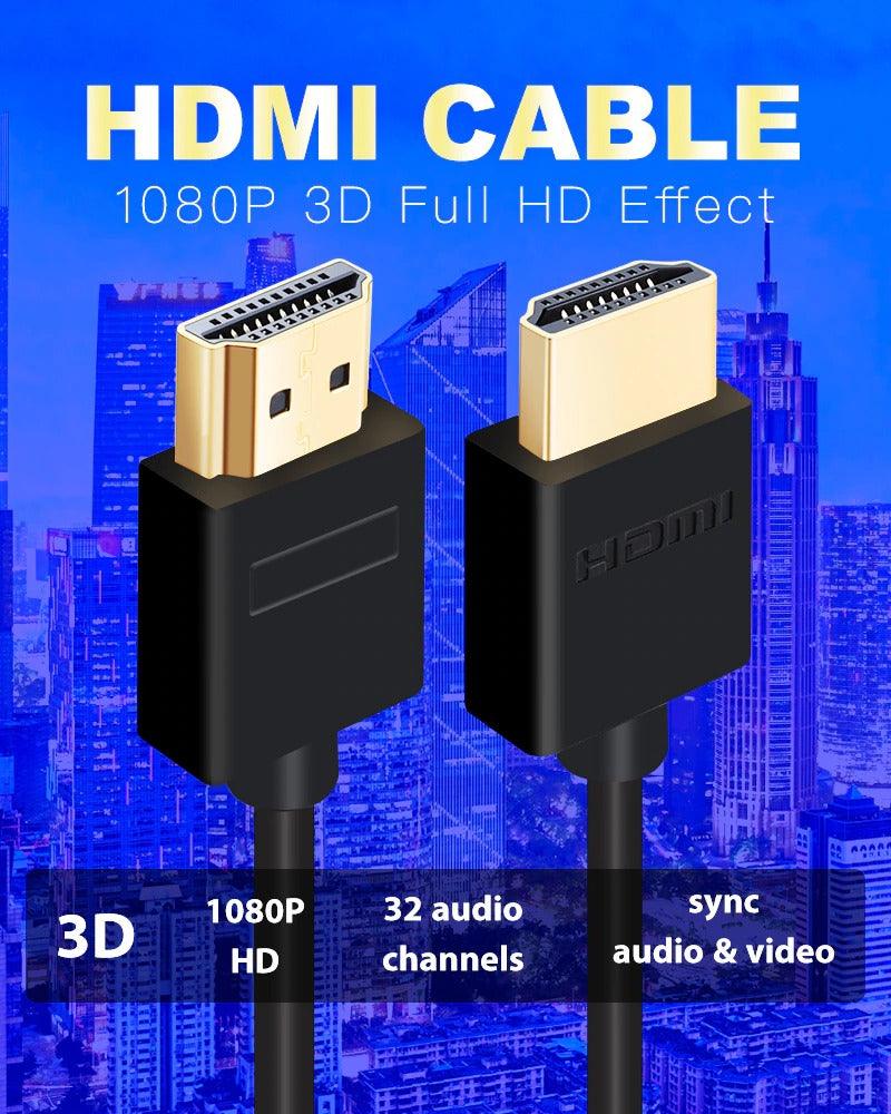 HDMI cable with connectors on a blue cityscape background
