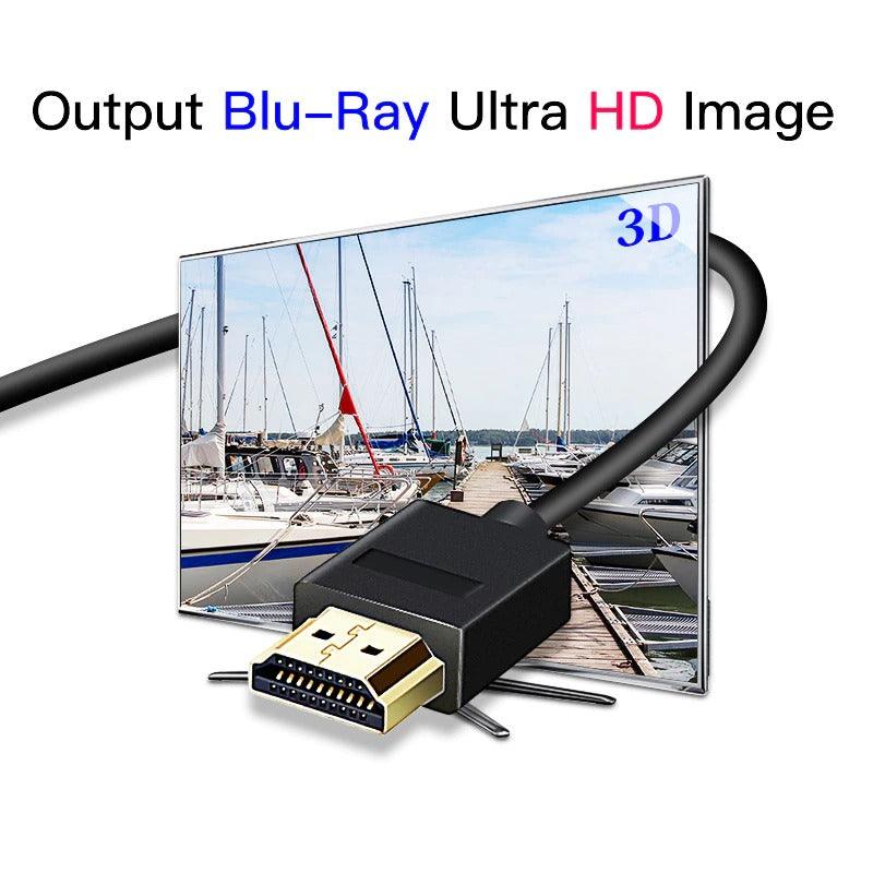 HDMI cable with display of a marina scene on a screen, labeled 'Output Blu-Ray Ultra HD Image'.