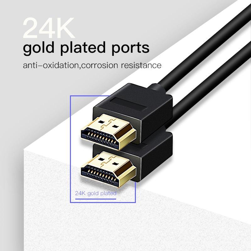 HDMI cable with gold-plated connectors on a white background