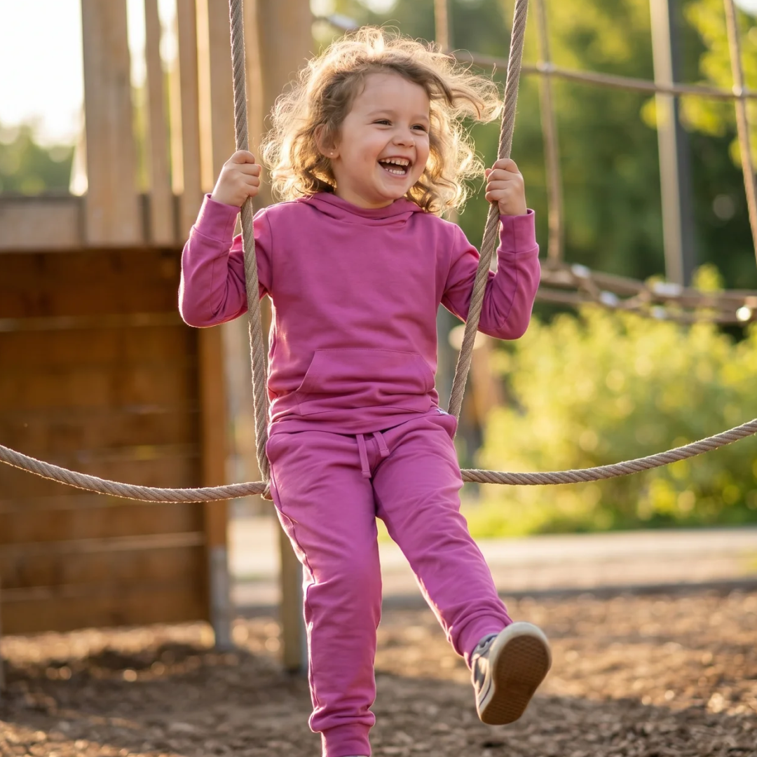 Child in pink outfit on a swing set with a natural background