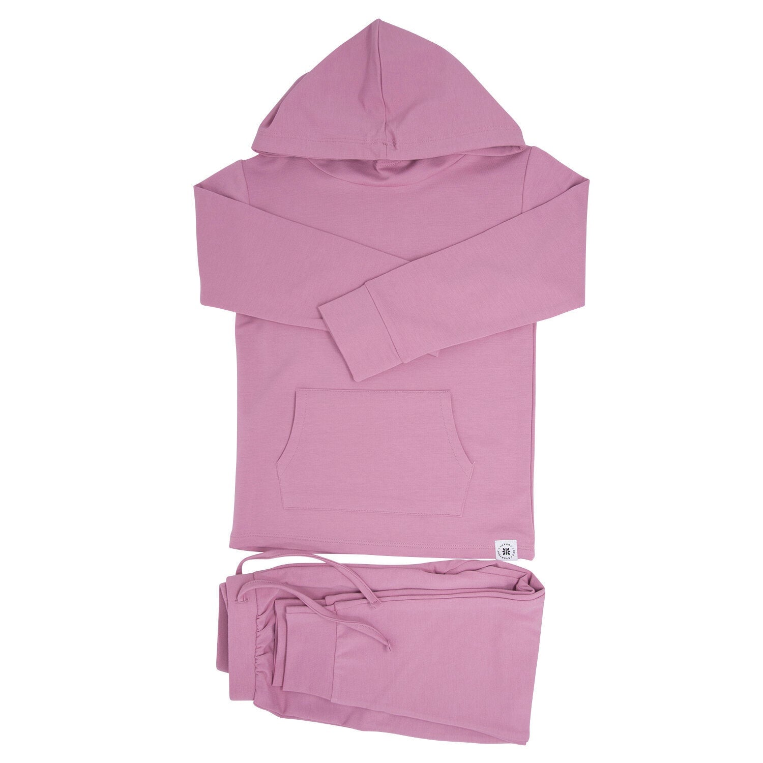 Pink hoodie and pants set on a white background