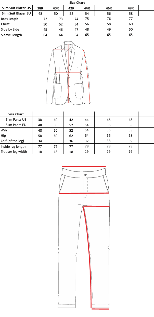 Size chart for suits and pants with measurements on a white background