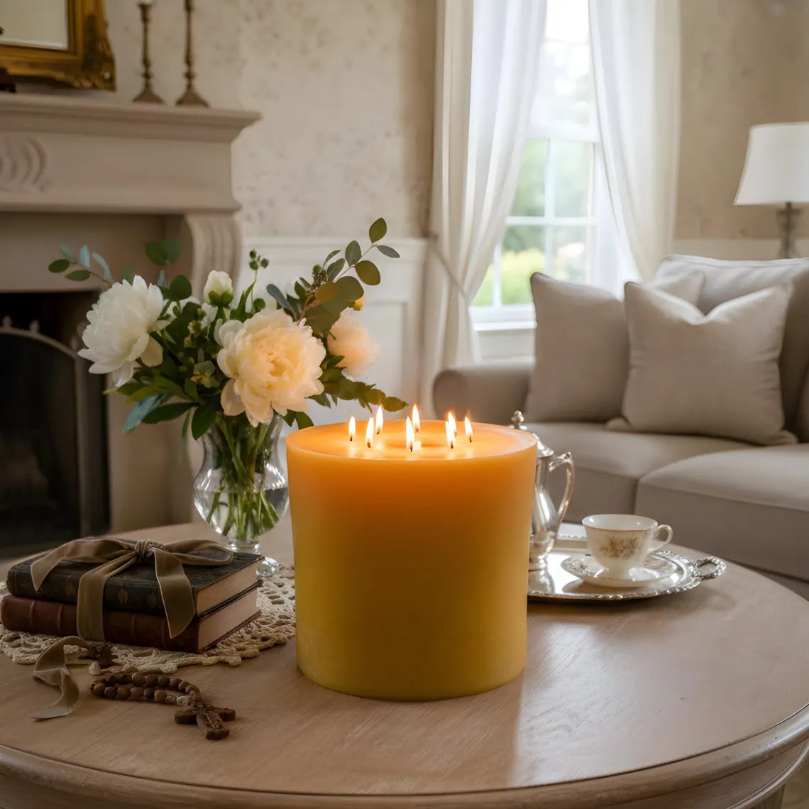 Candle on a table with a vase of flowers and a cup in a cozy living room.