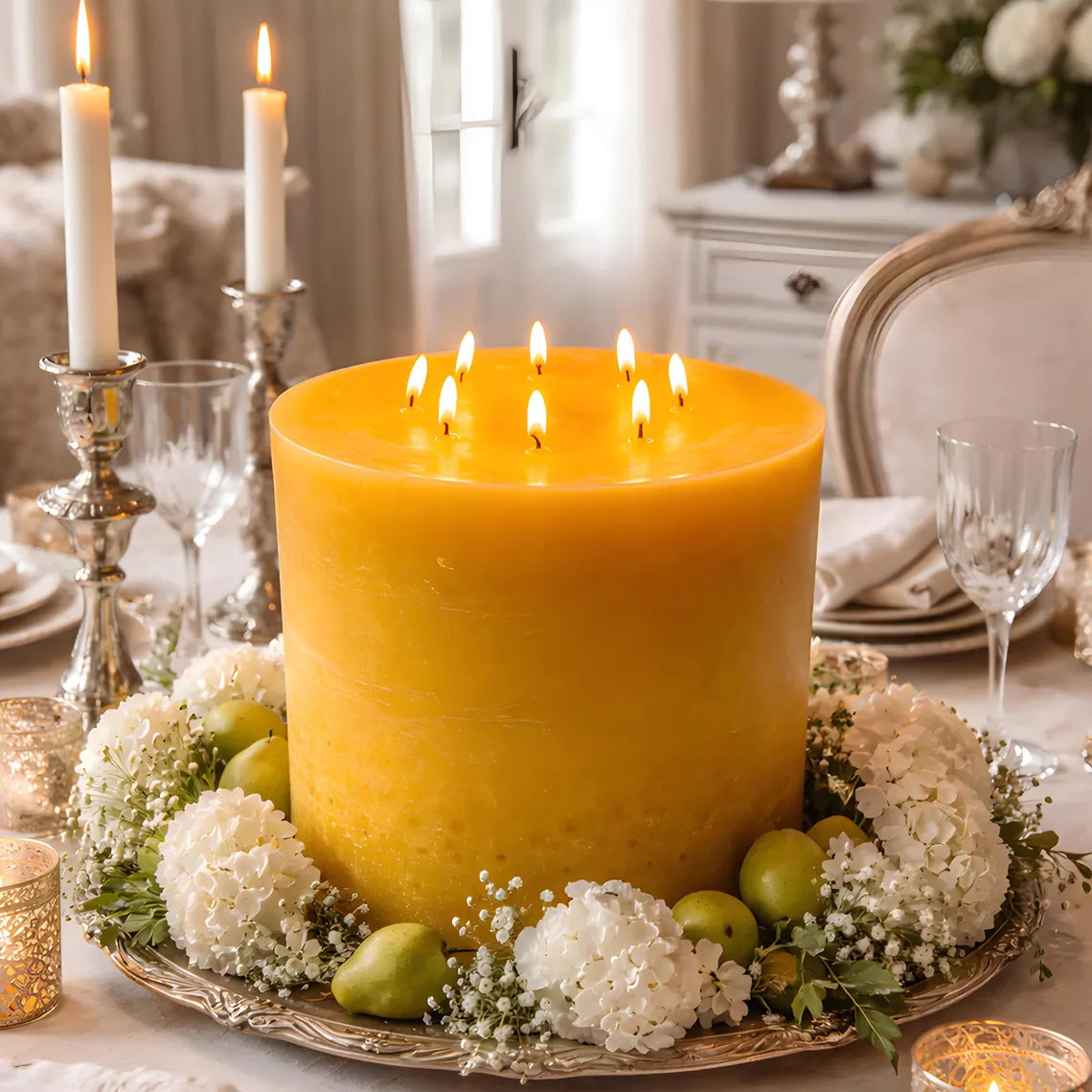 Large yellow candle on a decorative plate with flowers and candles in the background