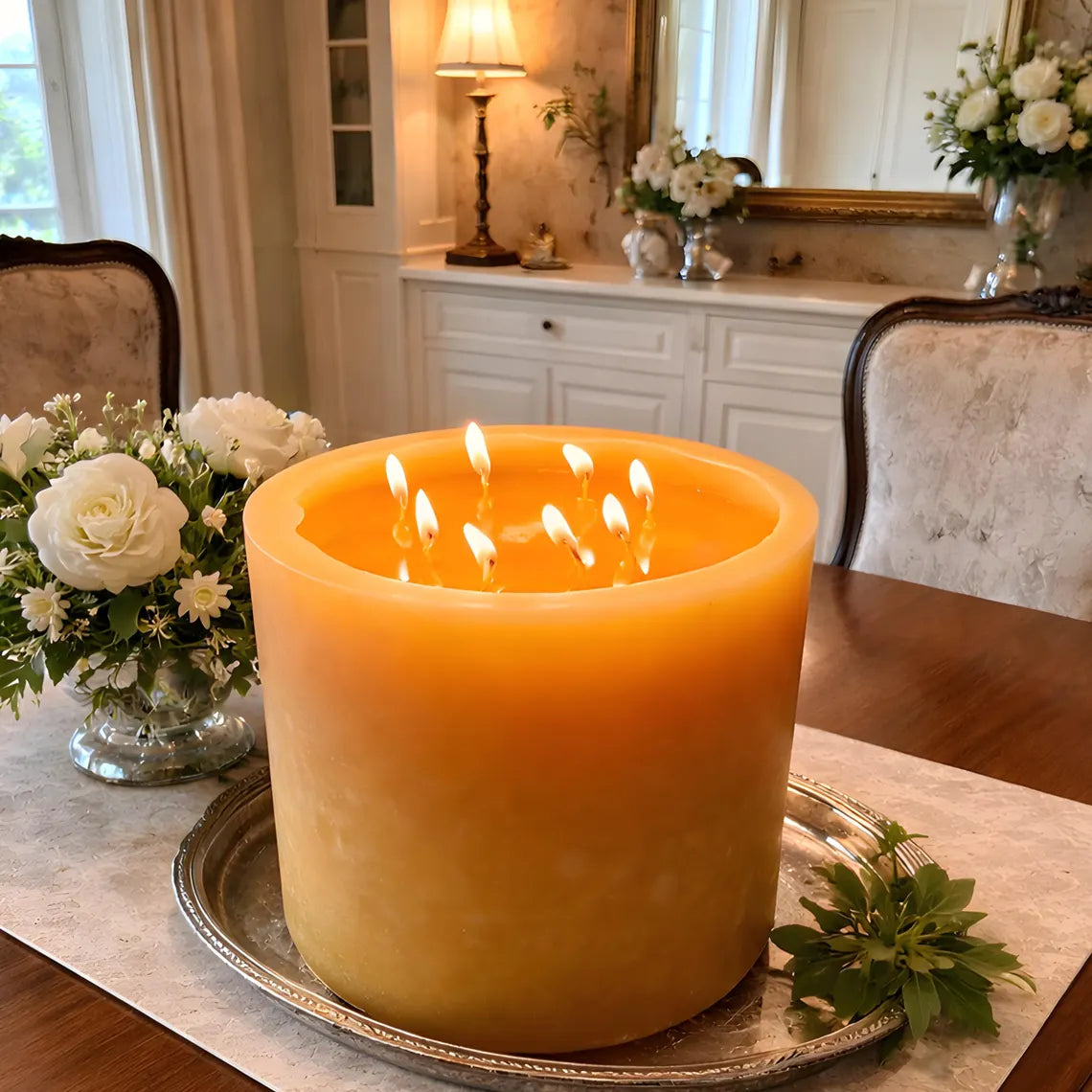 Large orange candle with multiple wicks on a silver tray in a dining room setting.