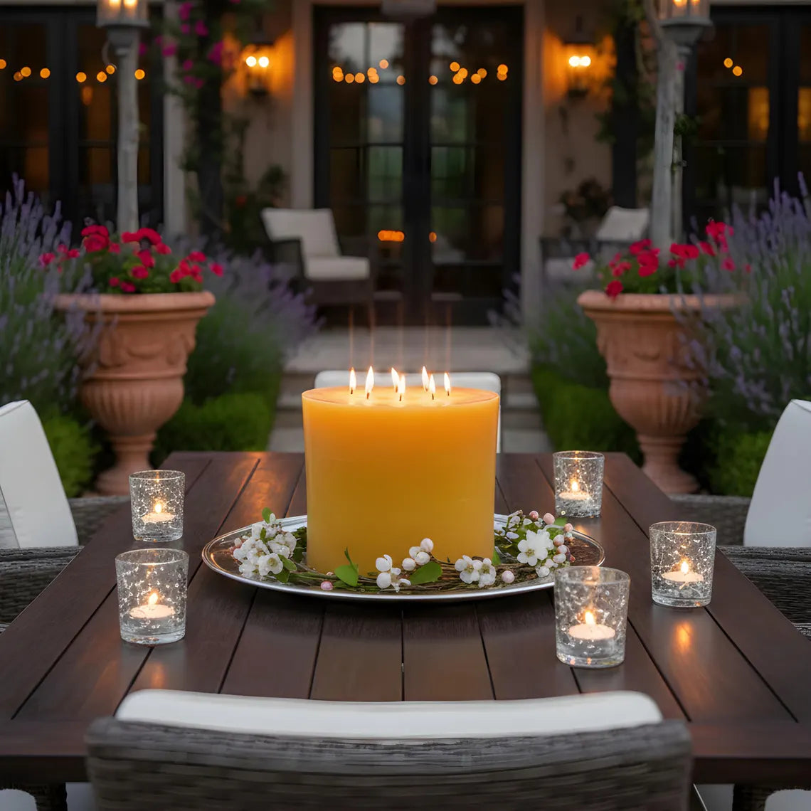 Outdoor setting with a large lit candle on a table surrounded by smaller candles and flowers.