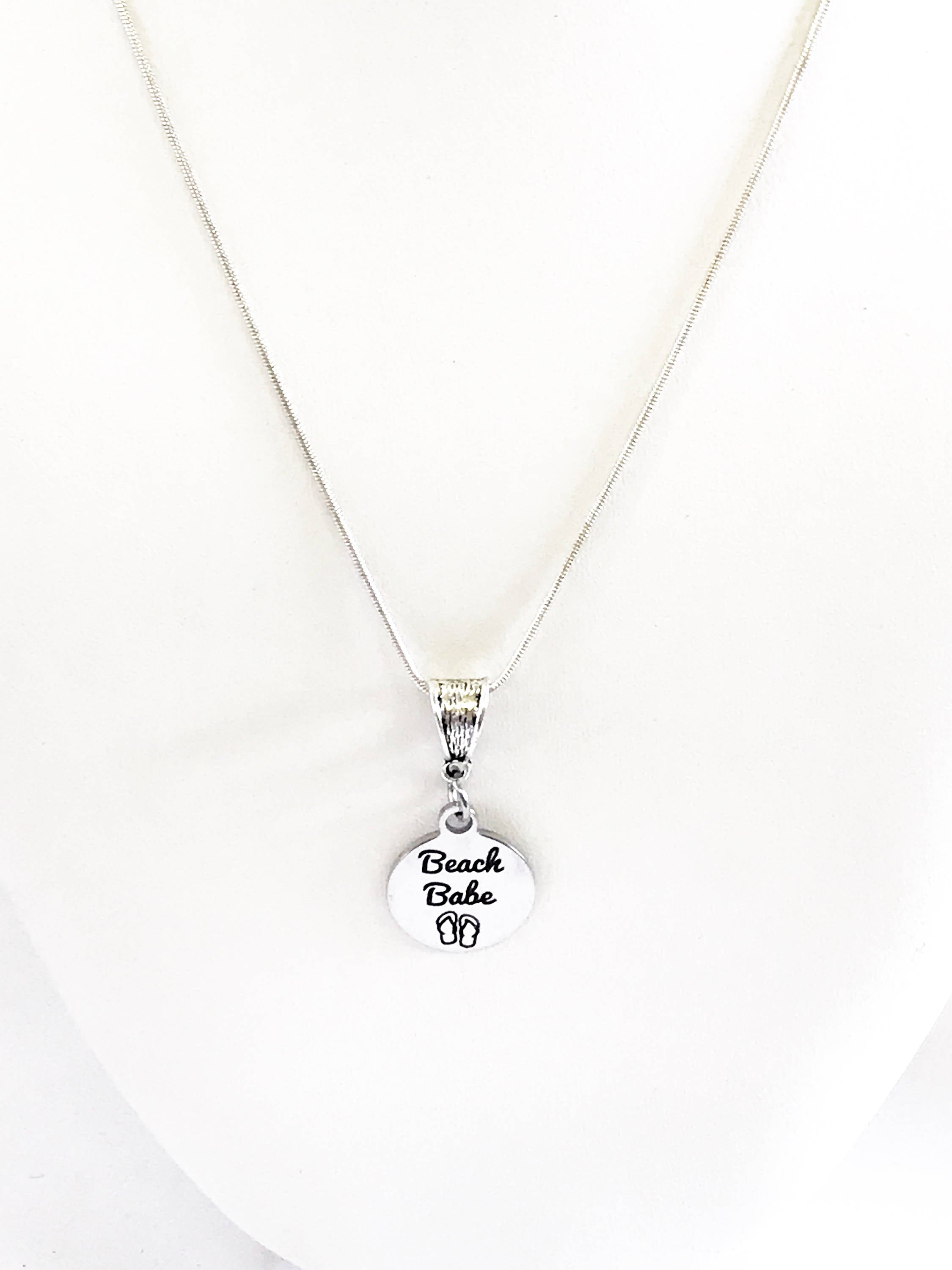"Beach Babe" Laser Engraved Stainless Steel Pendant Necklace – Sterling Silver Chain