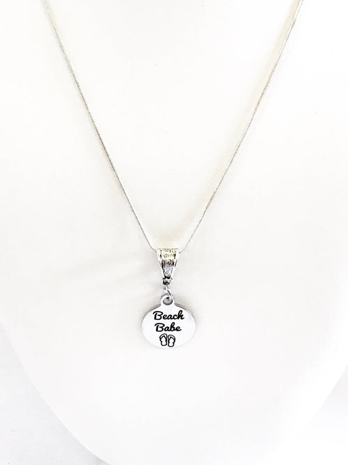 "Beach Babe" Laser Engraved Stainless Steel Pendant Necklace – Sterling Silver Chain