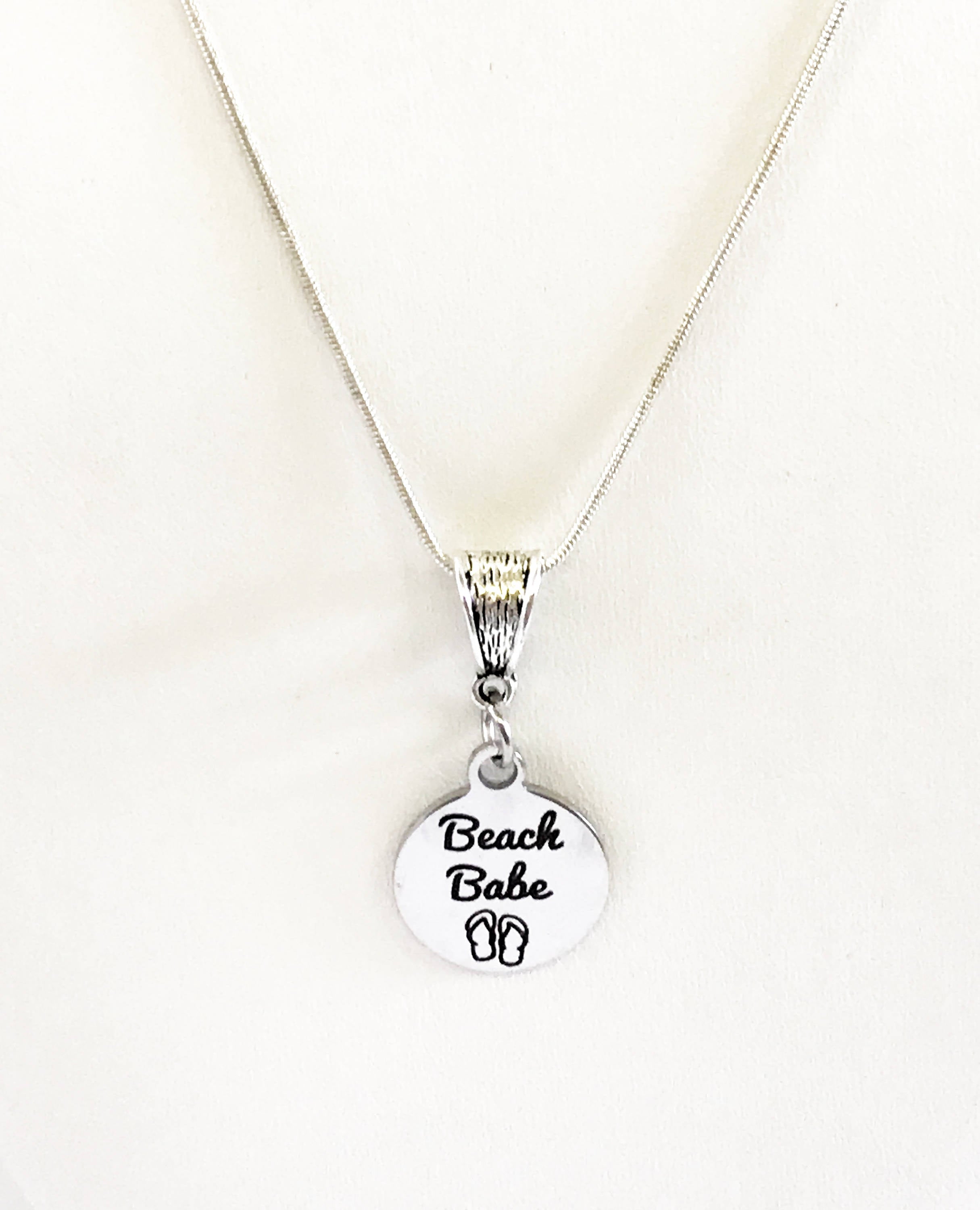 "Beach Babe" Laser Engraved Stainless Steel Pendant Necklace – Sterling Silver Chain