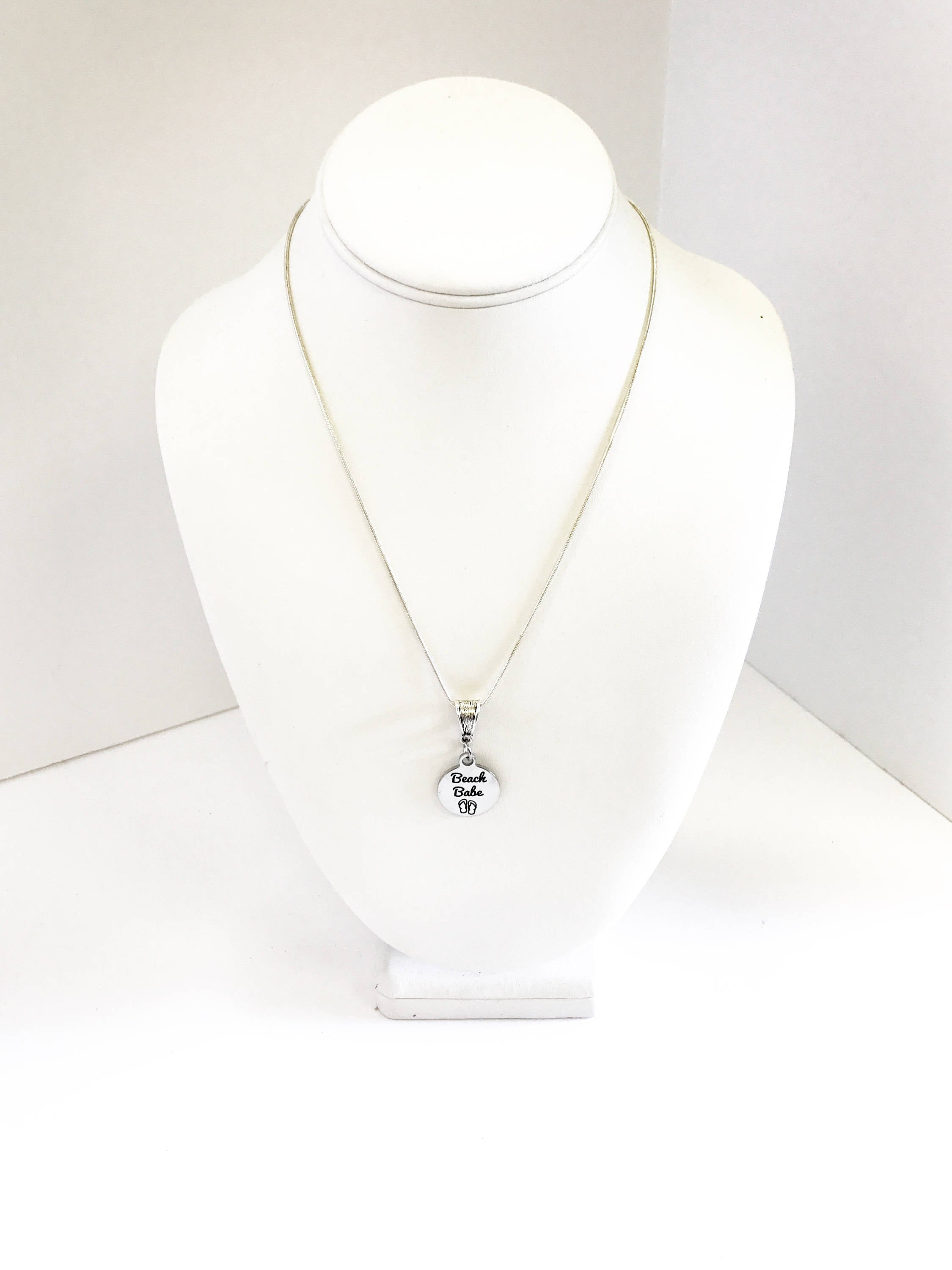 "Beach Babe" Laser Engraved Stainless Steel Pendant Necklace – Sterling Silver Chain
