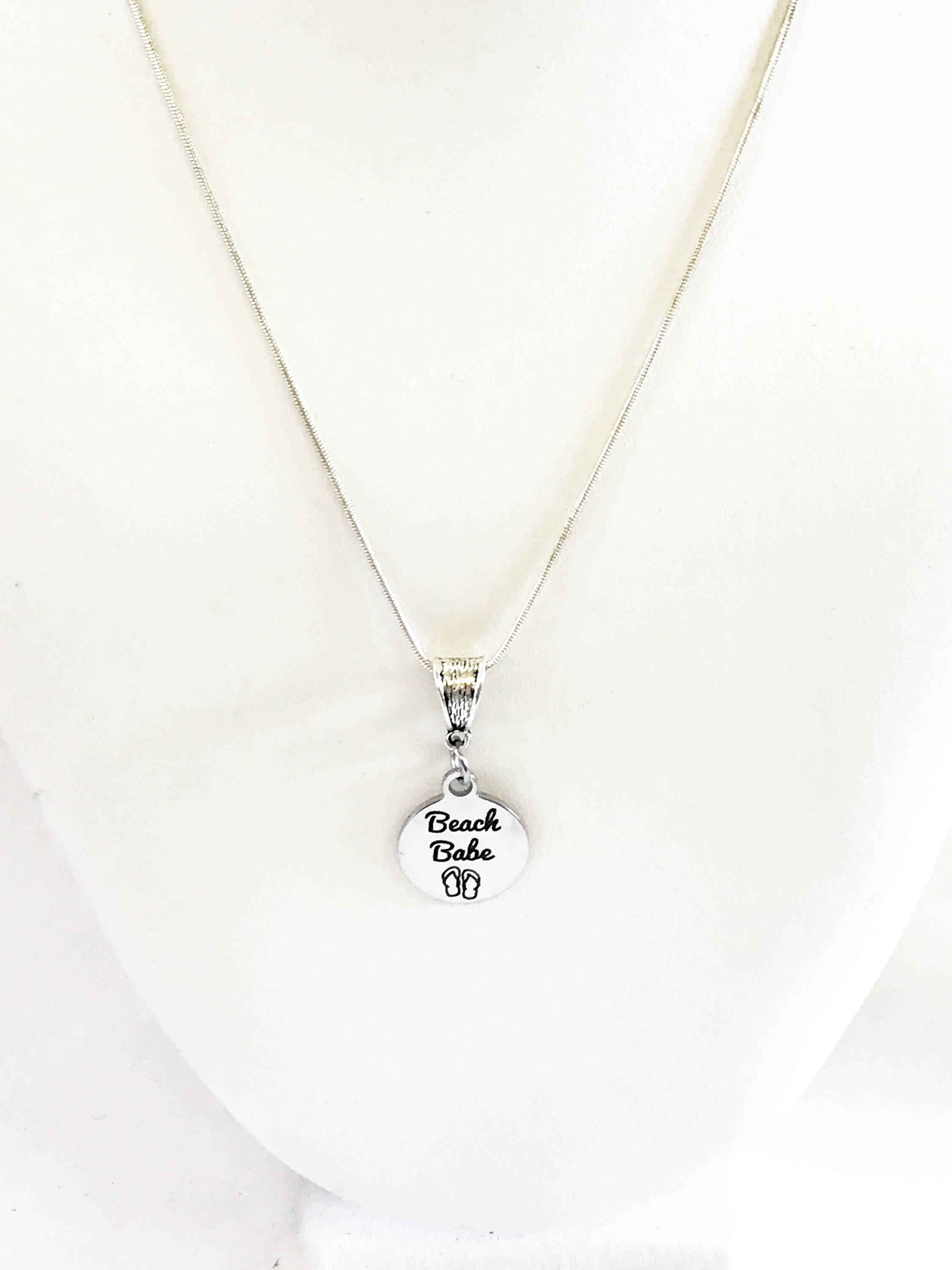 "Beach Babe" Laser Engraved Stainless Steel Pendant Necklace – Sterling Silver Chain