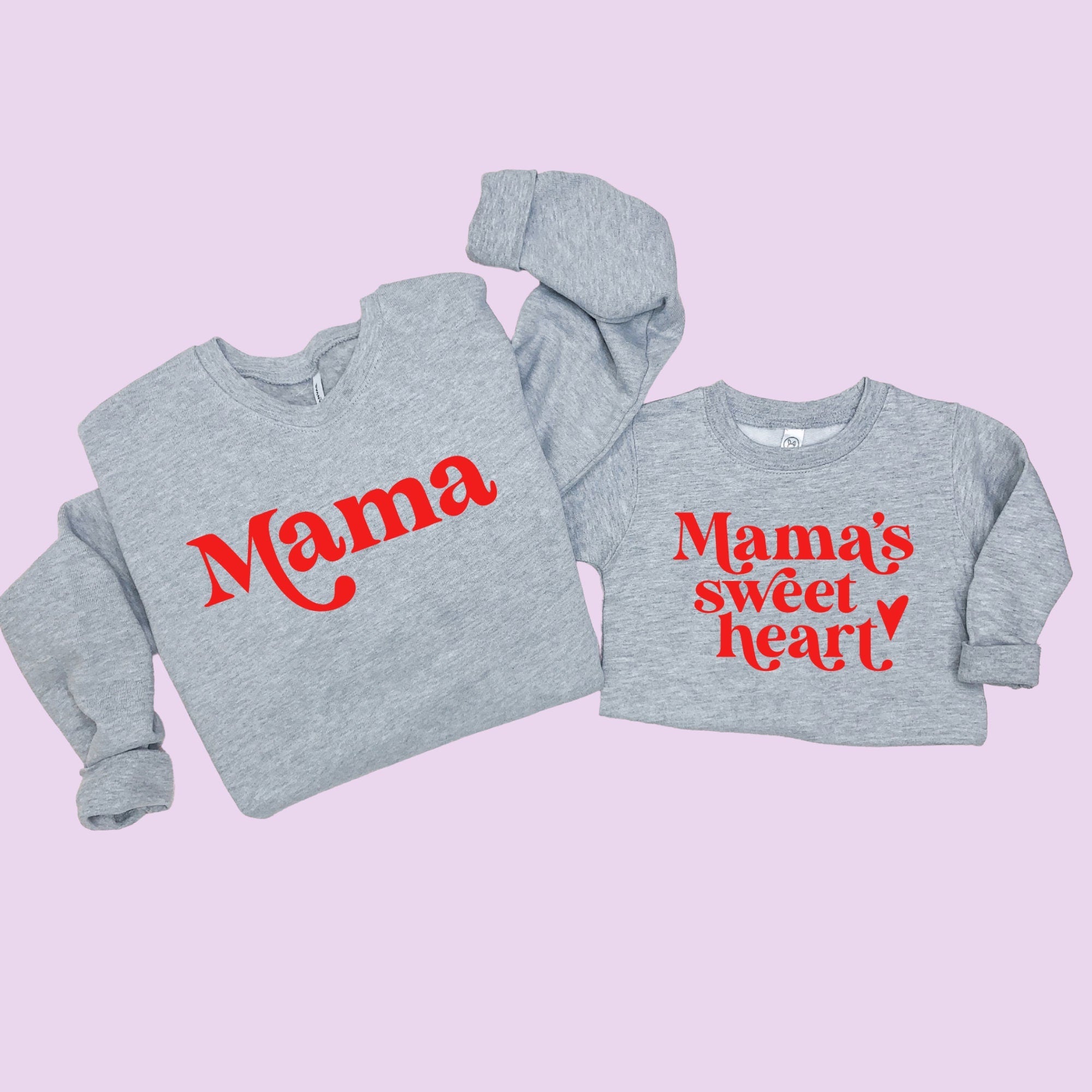 Mama & Mama’s Sweet Heart Matching Sweatshirt Set – Adult & Toddler/Youth Grey Crewneck