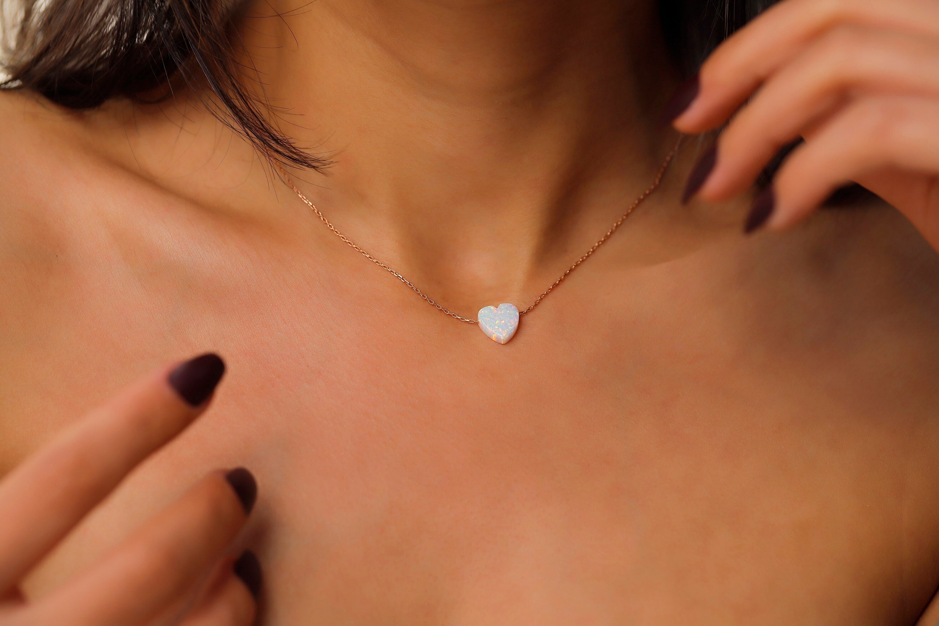 Heart Shape White Opal Necklace – Handmade 14K Gold & 925 Sterling Silver