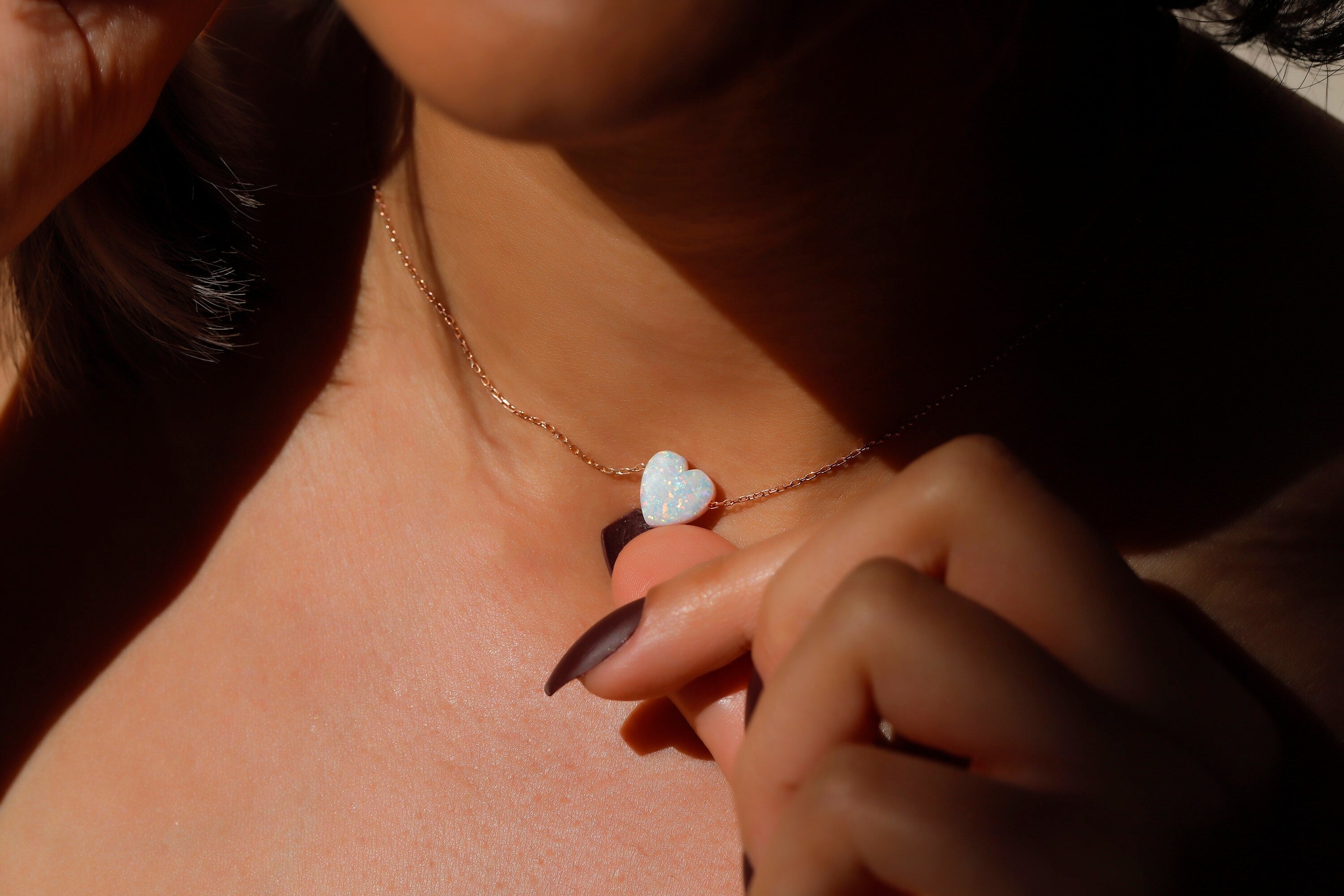 Heart Shape White Opal Necklace – Handmade 14K Gold & 925 Sterling Silver