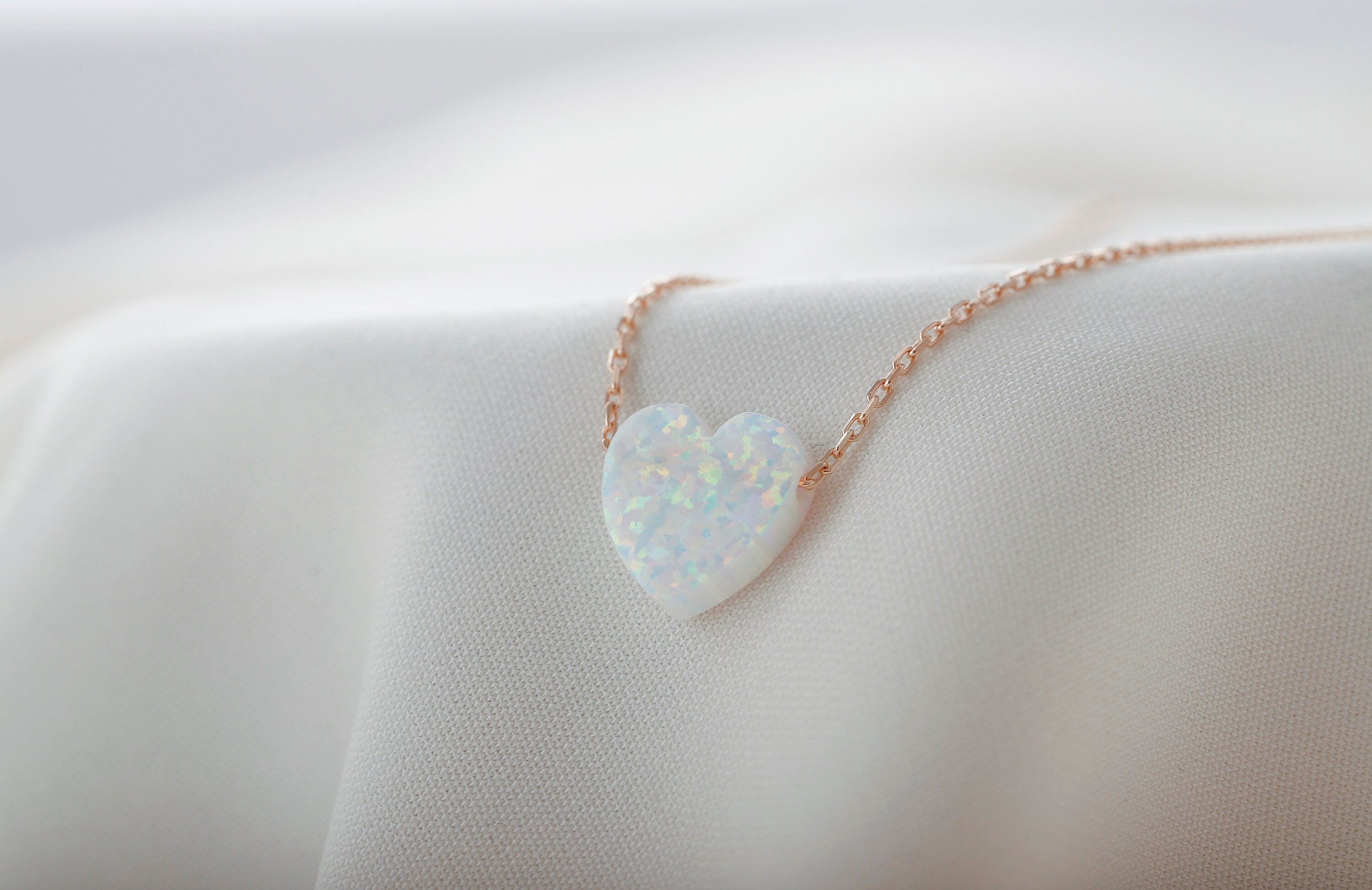 Heart Shape White Opal Necklace – Handmade 14K Gold & 925 Sterling Silver