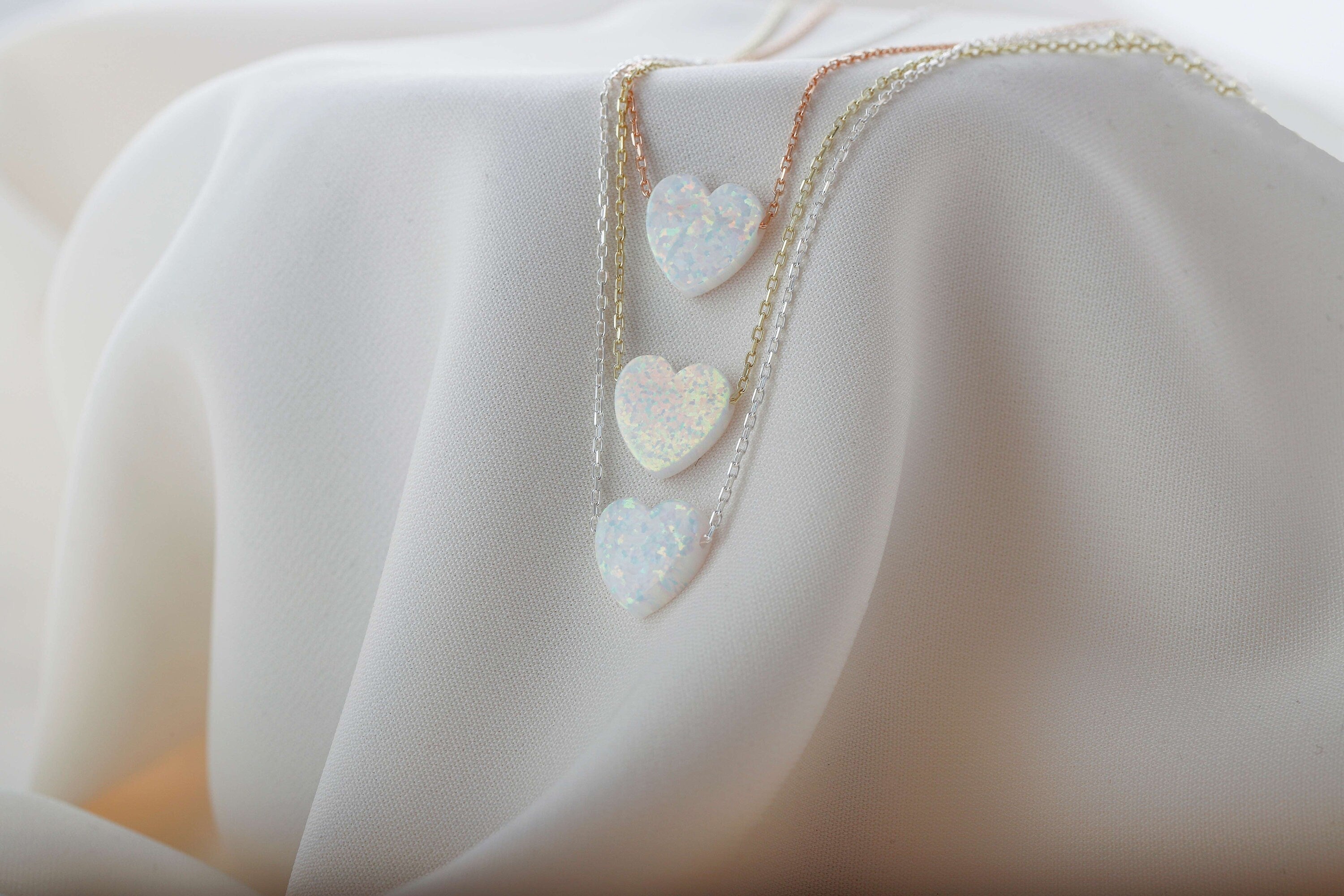 Heart Shape White Opal Necklace – Handmade 14K Gold & 925 Sterling Silver