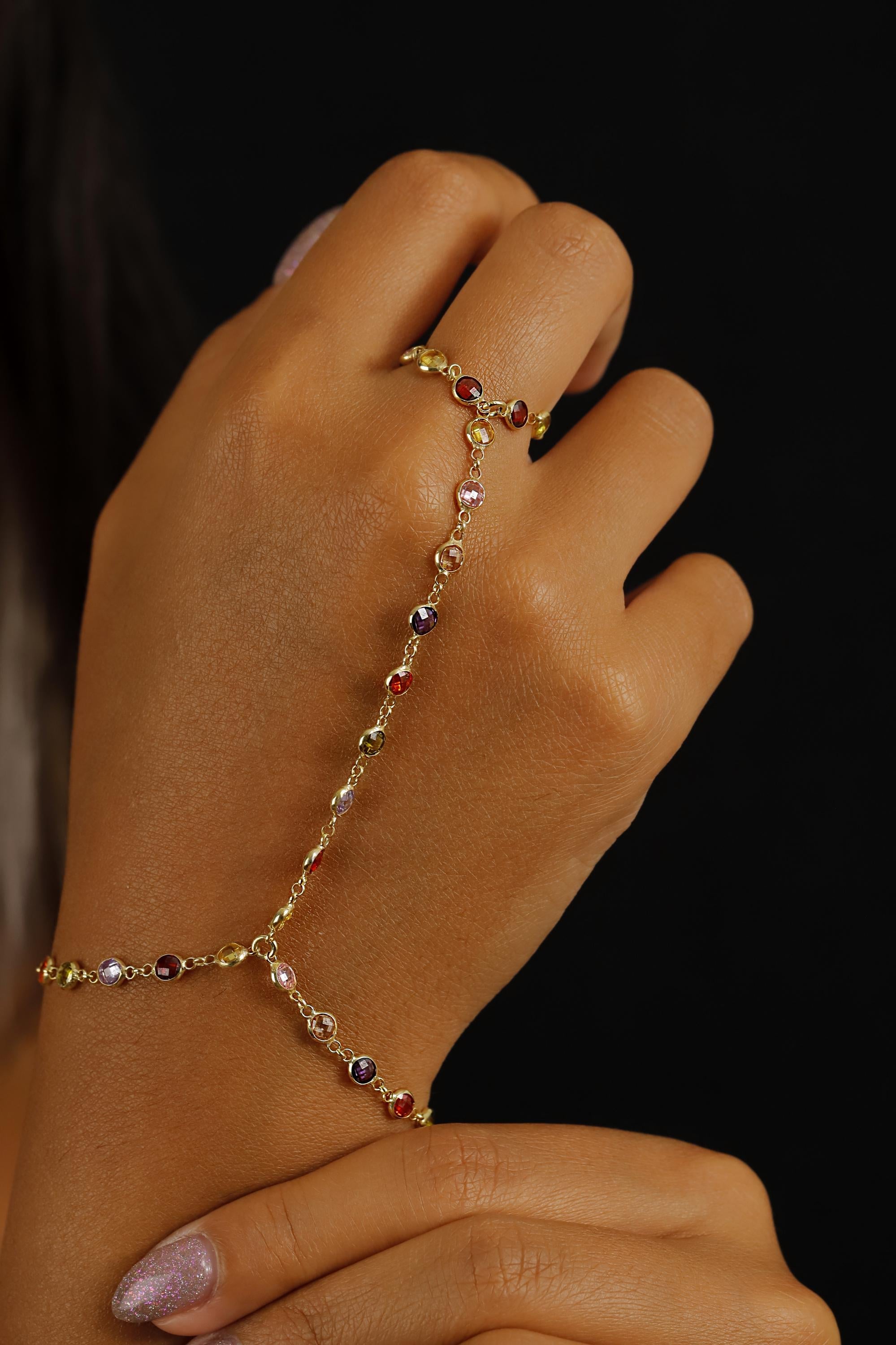 Rainbow Hand Chain Bracelet – 925 Sterling Silver Multicolor Gemstone Jewelry