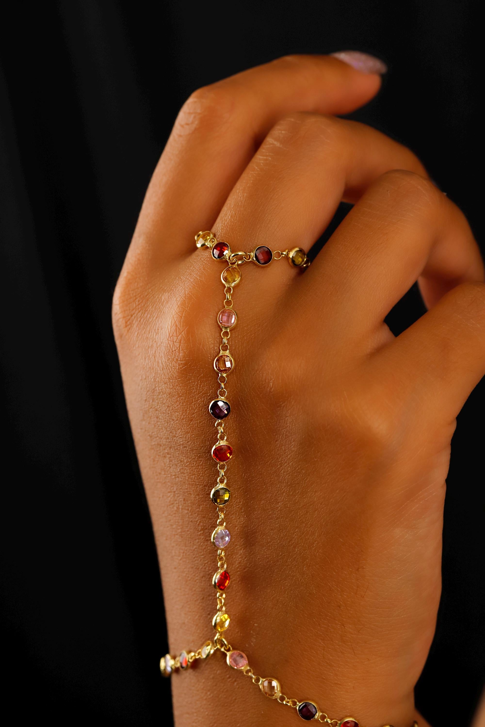 Rainbow Hand Chain Bracelet – 925 Sterling Silver Multicolor Gemstone Jewelry