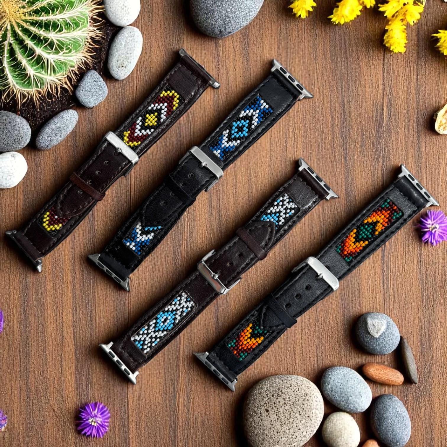 Western Seed Bead Leather Apple Watch Band – 42mm, 44mm, 45mm