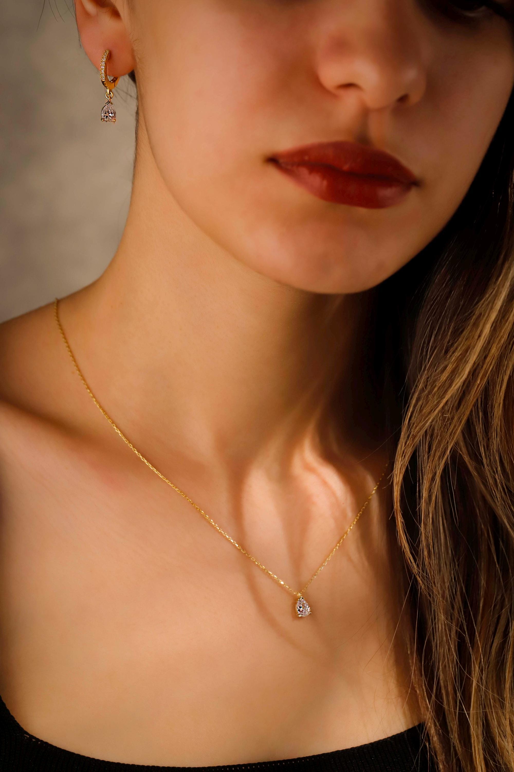 Gold-Diamant-Ohrhänger & Halskette Set – 925 Sterling Silber Brautschmuck