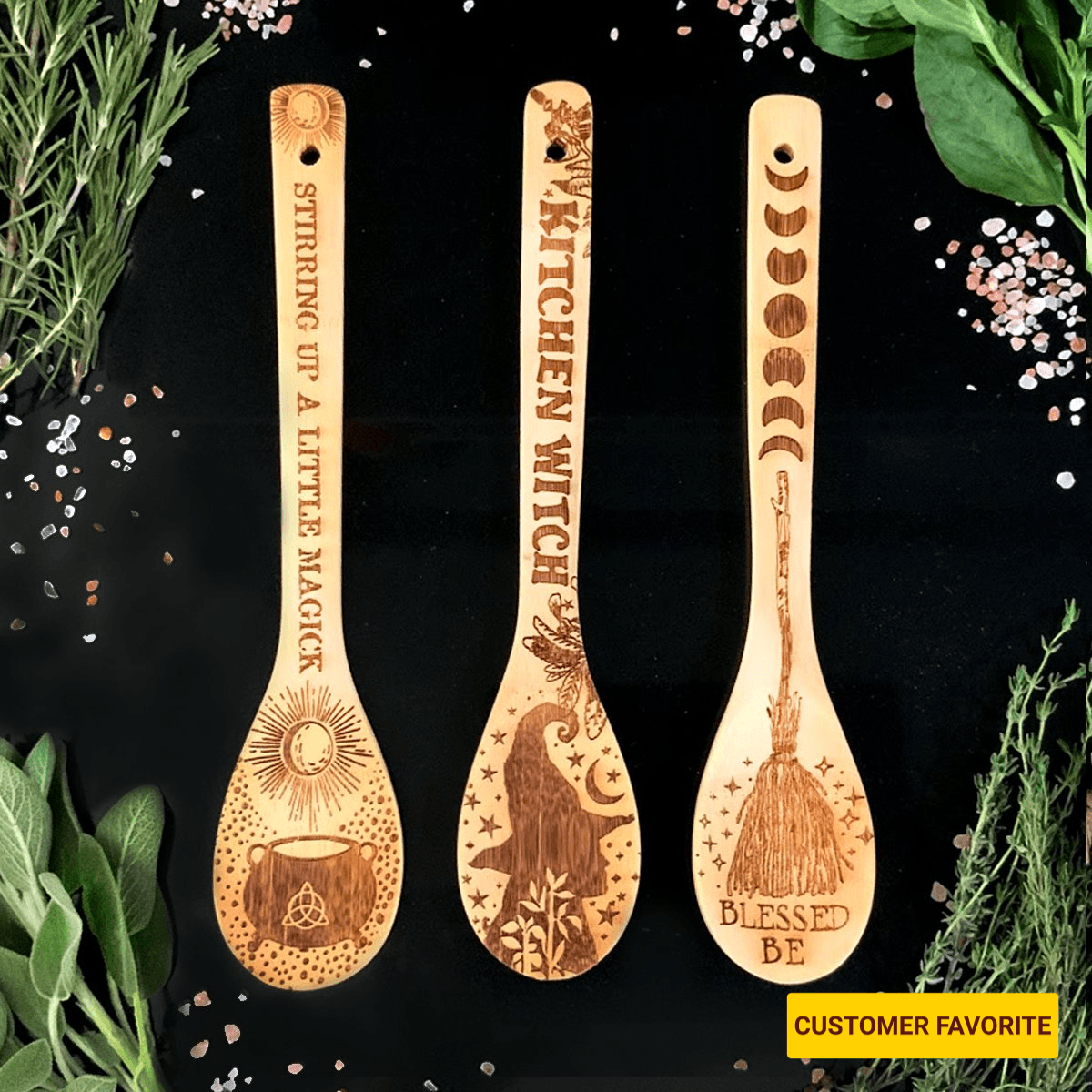 Küchenhexe Laser-gravierte Bambuslöffel – Umweltfreundlich, antihaftbeschichtet | 29 cm