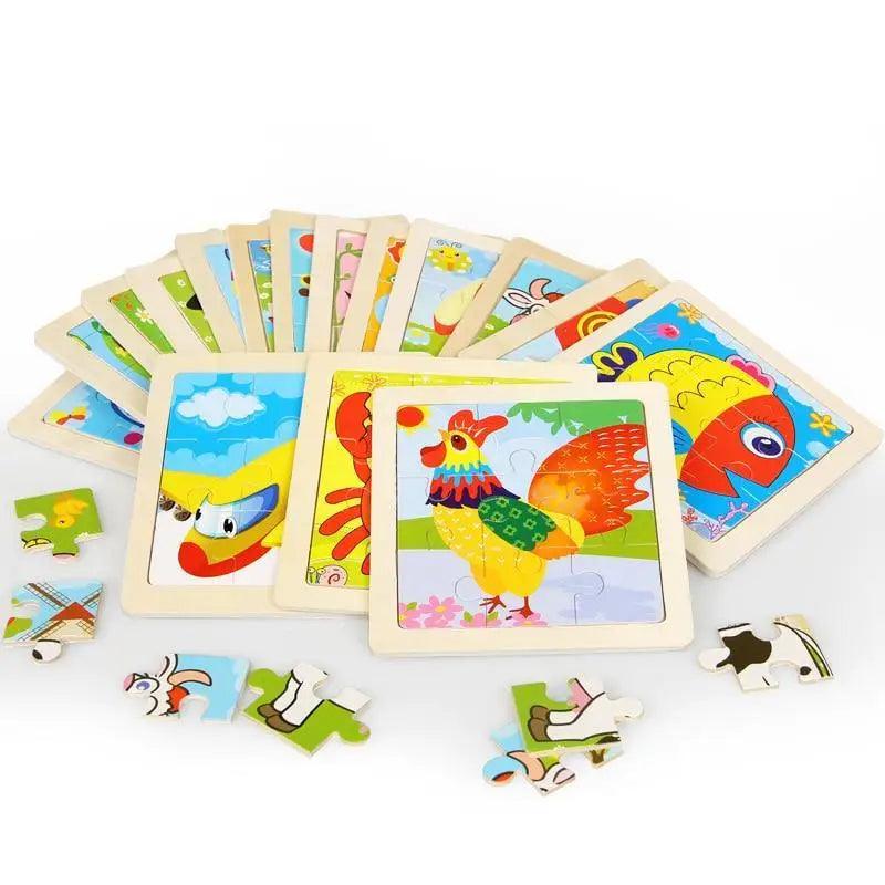 Set of colorful wooden puzzles with animal illustrations on a white background