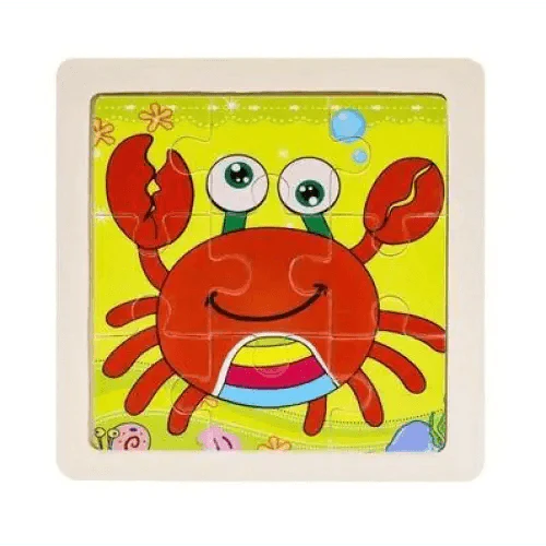 Children's puzzle with a cartoon crab design on a yellow background