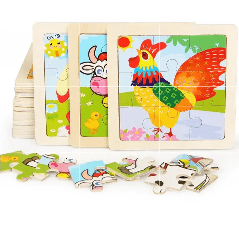 Set of colorful wooden puzzles with farm animal illustrations on a white background