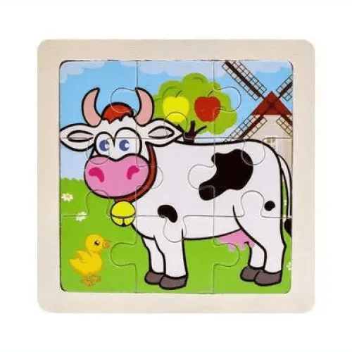 Children's puzzle with a cow illustration on a farm background