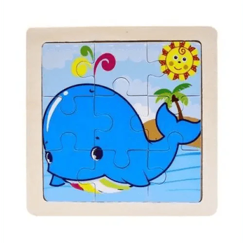 Children's puzzle with a blue whale design on a white background