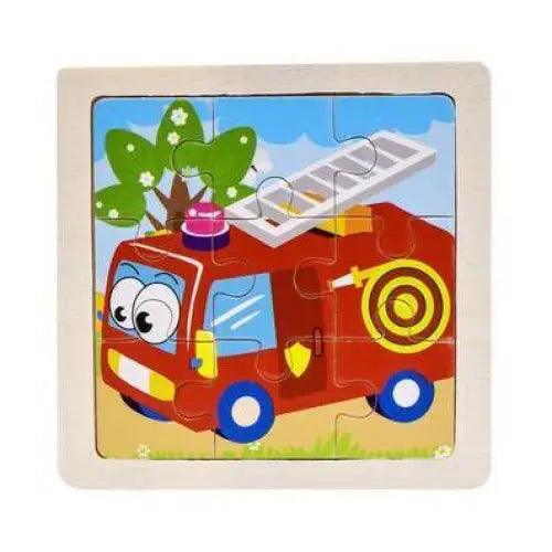 Children's wooden puzzle with a cartoon fire truck design on a white background