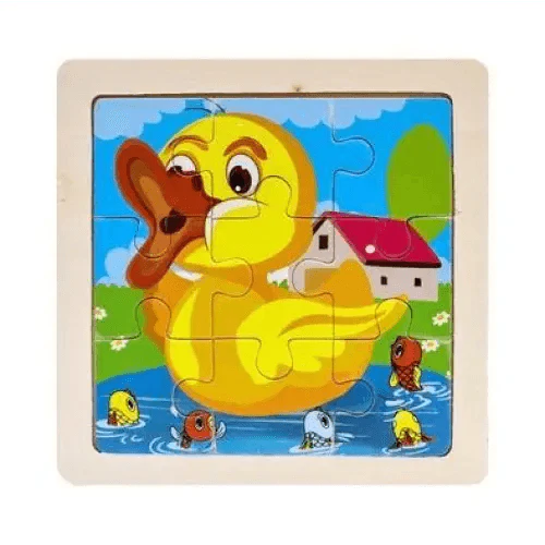 Children's puzzle with a cartoon duck on a blue background