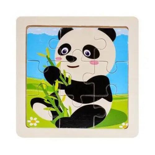 Children's panda-themed puzzle with a cartoon panda eating bamboo on a white background