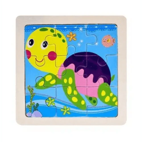 Children's puzzle with a cartoon turtle design on a blue background