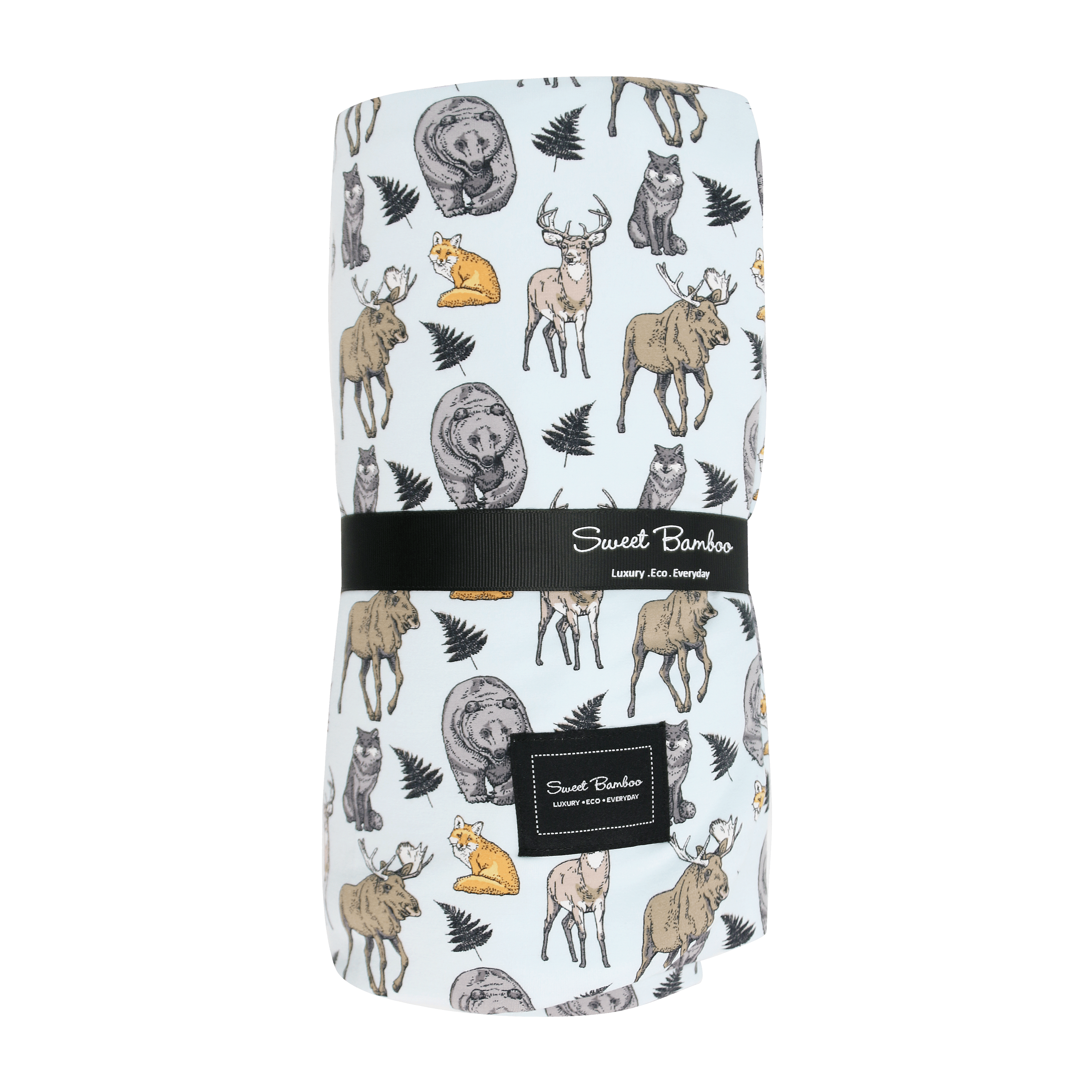 Folded blanket with animal pattern and 'Sweet Bamboo' label on a green background