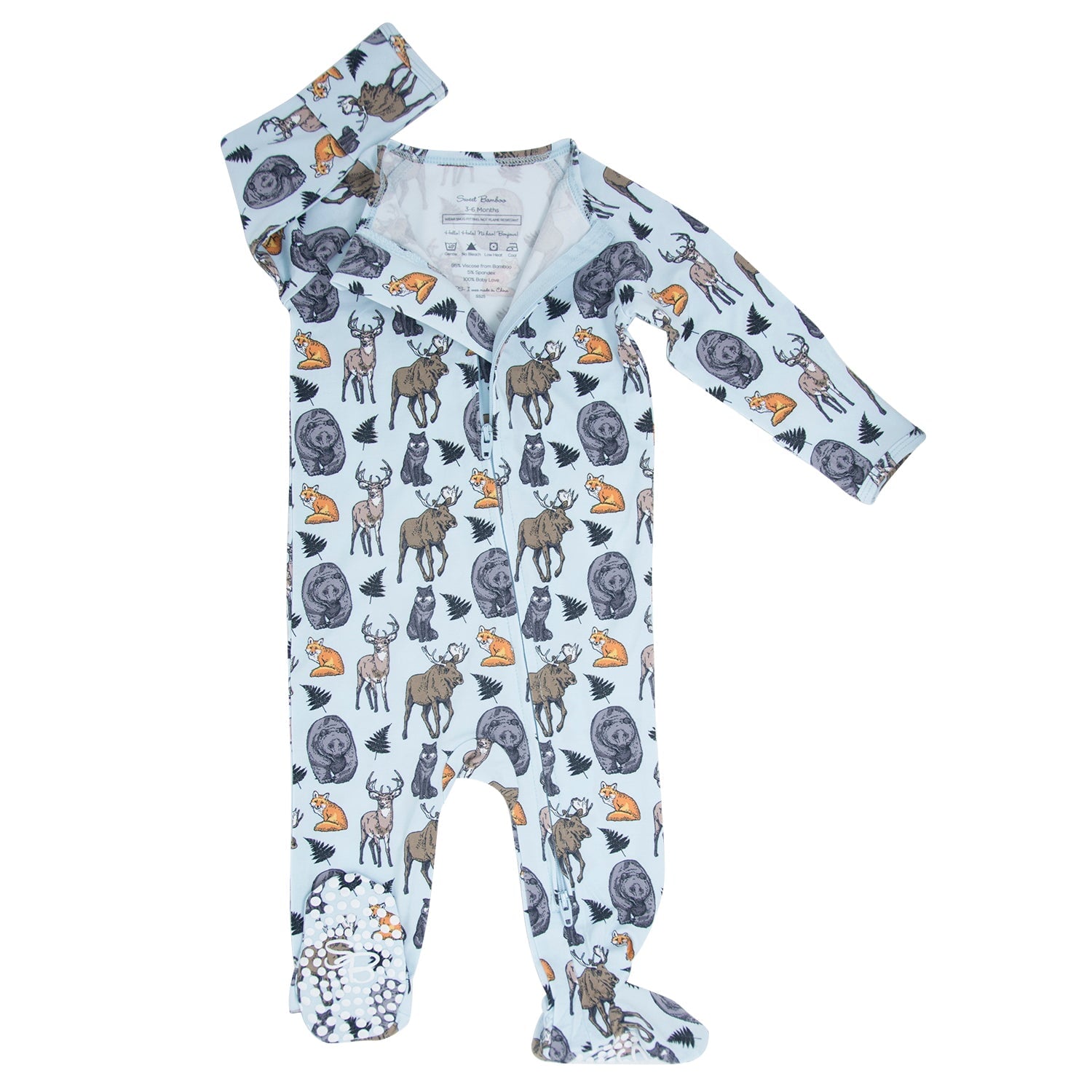 Baby onesie with forest animal pattern on a white background