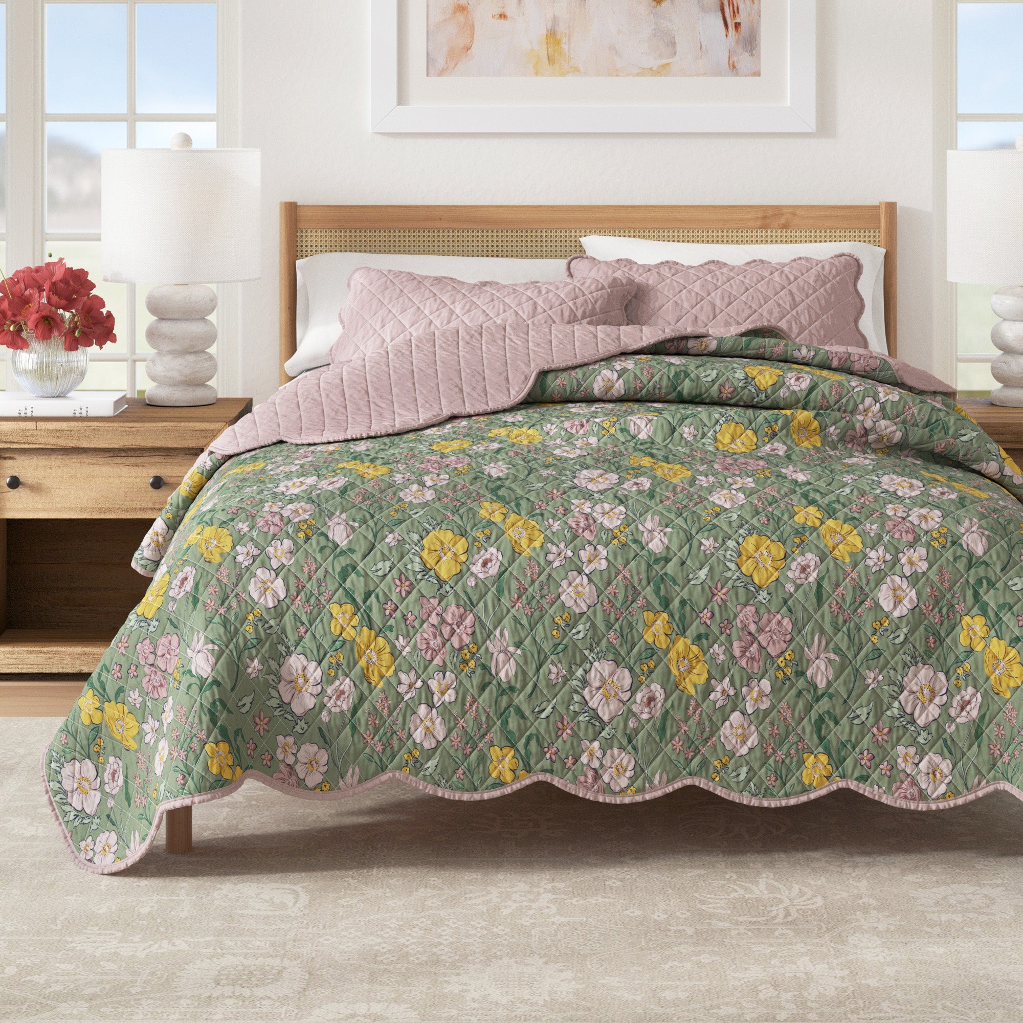 Floral Scalloped Edge Quilt Set — Reversible Cotton, Down Alternative | Vintage-Inspired